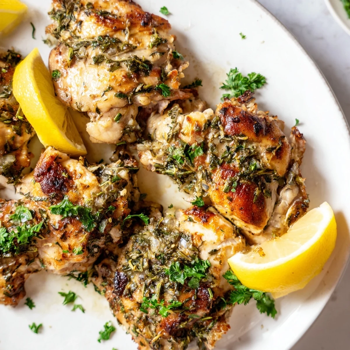 A vibrant close-up of tender Greek Lemon Herb Chicken, glistening from the lemon-herb marinade.