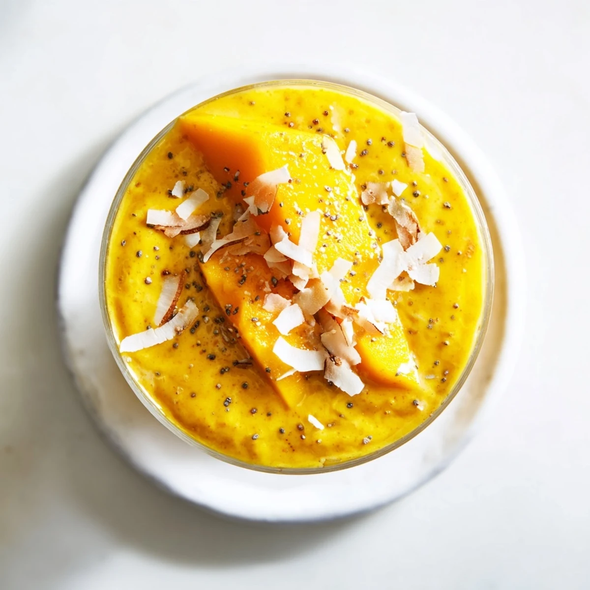 Bright yellow Mango Turmeric Smoothie, blended to perfection and garnished with fresh mango slices.