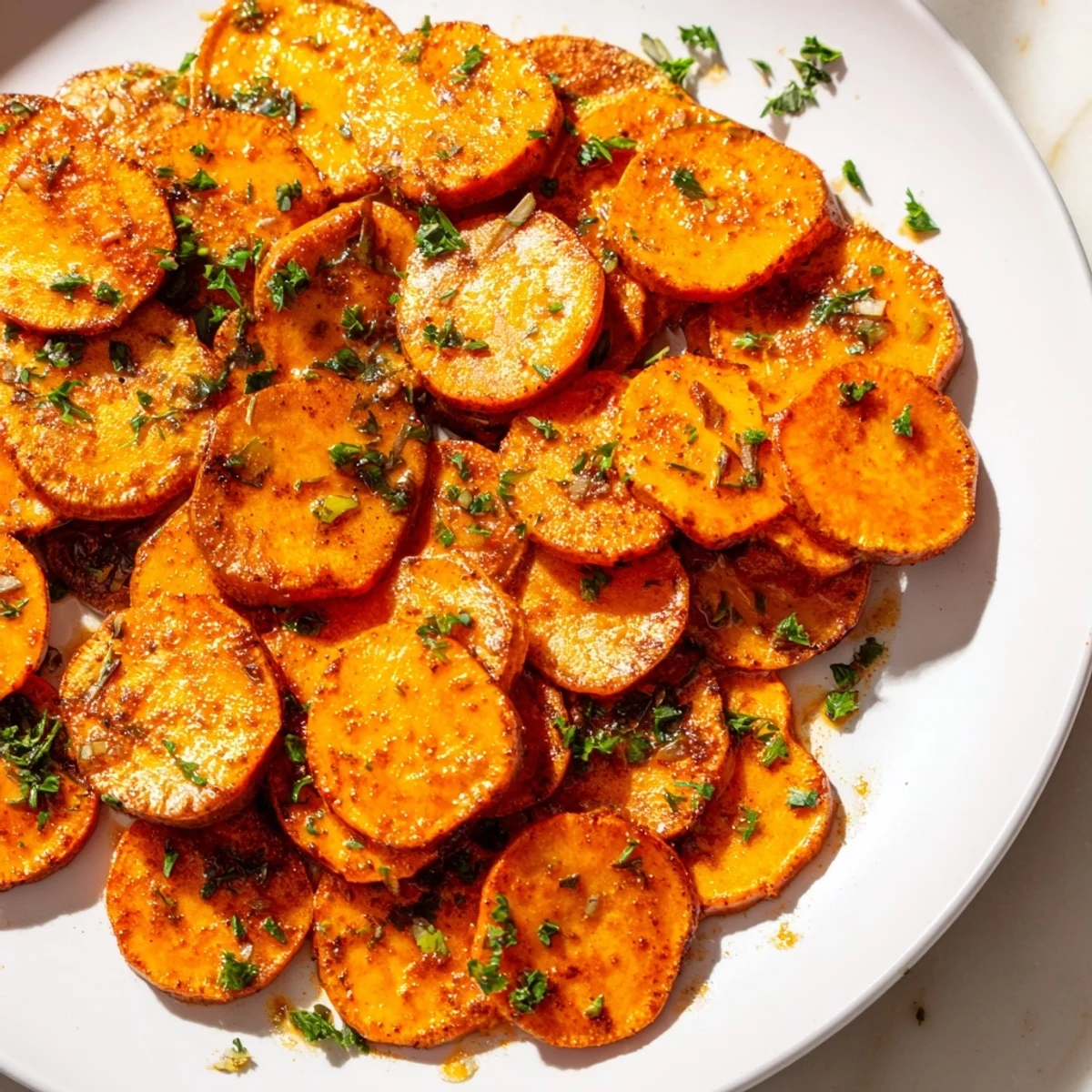 Golden-brown Cajun roasted sweet potatoes, perfectly seasoned and ready for serving with fresh parsley.