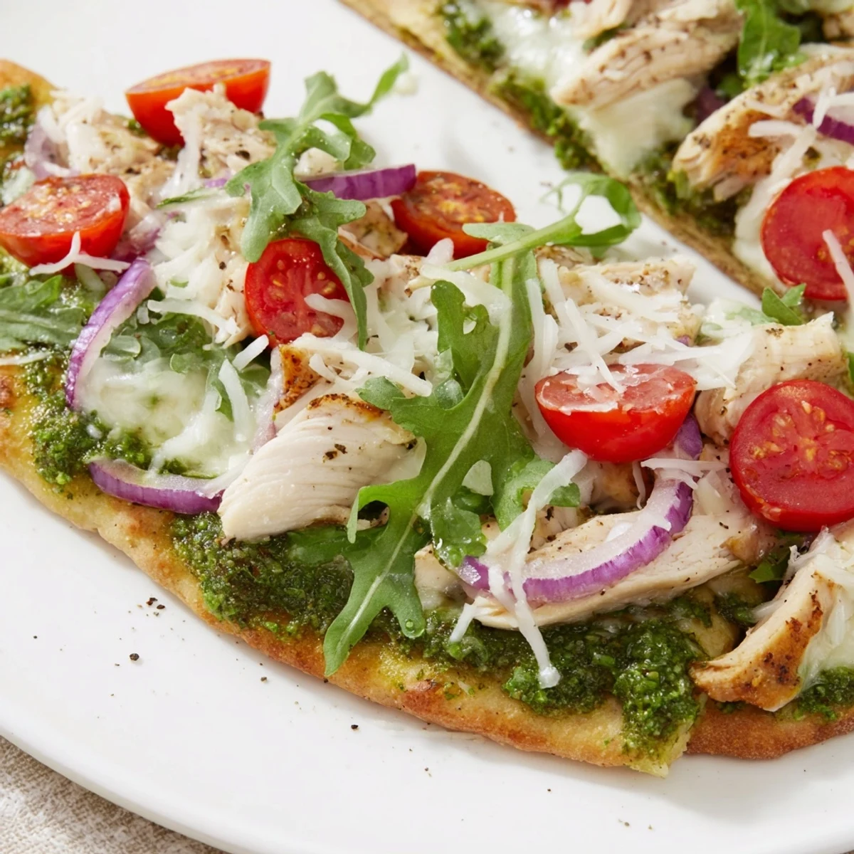 Golden, bubbly Pesto Chicken Flatbread with mozzarella, tomatoes, and red onion, ready to slice.