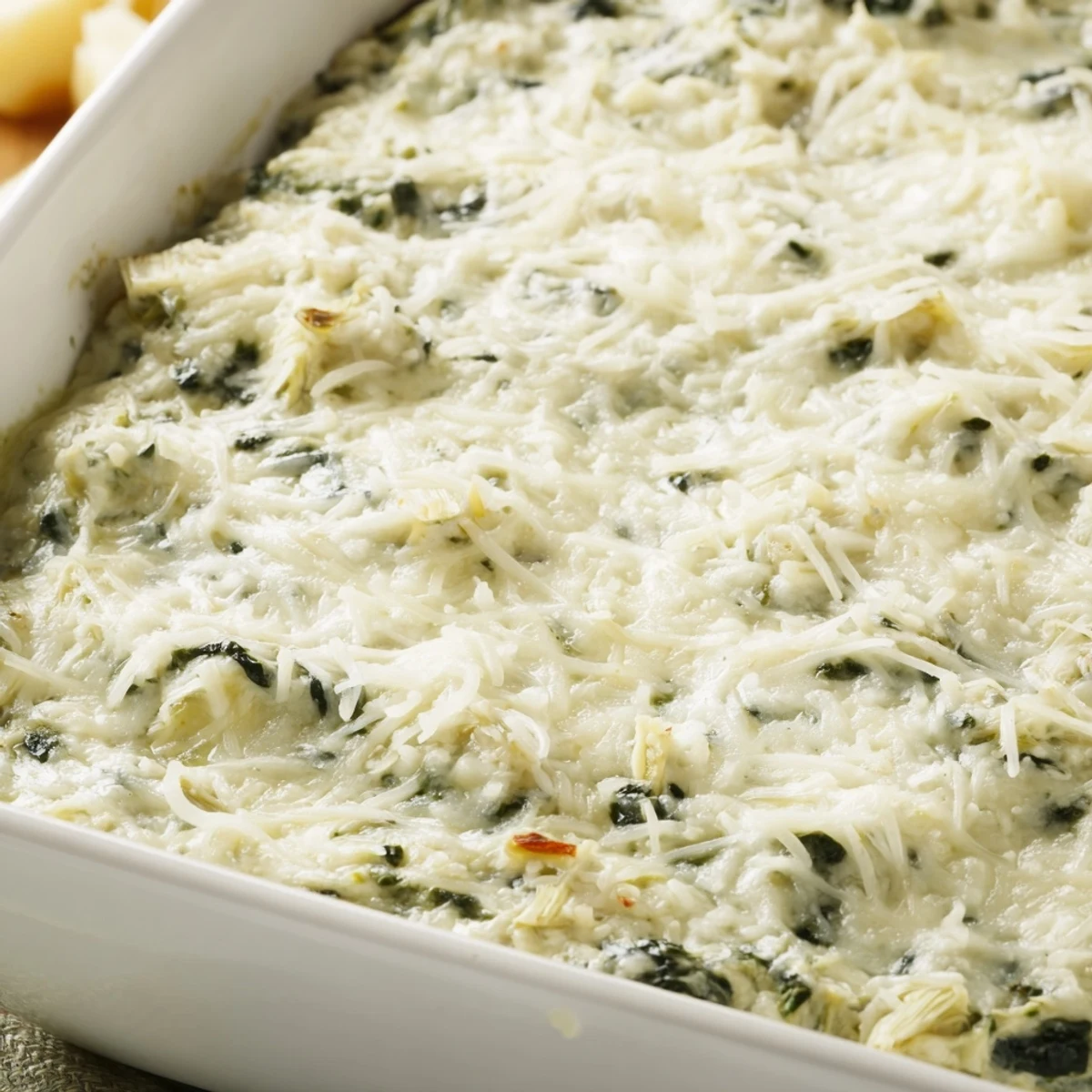 Steaming, cheesy Spinach Artichoke Dip, bubbling in a baking dish, ready to be served.