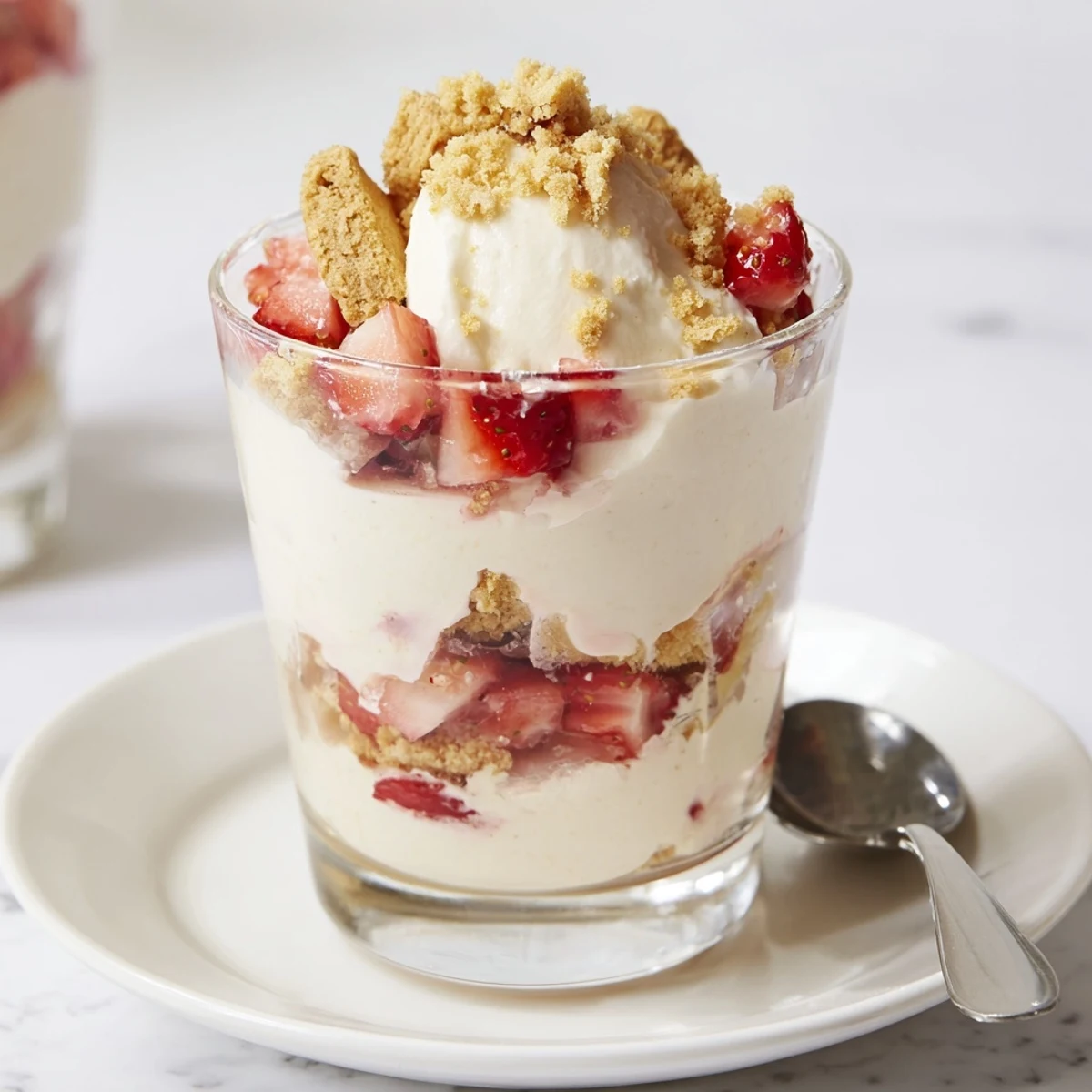 Strawberry Cheesecake Parfait cups with layered creamy cheesecake, fresh strawberries, and biscuit crumble.
