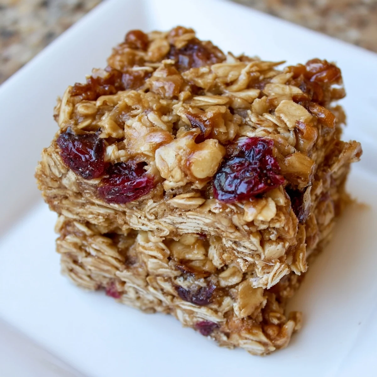 Chewy texture shown in these delicious homemade Maple Cinnamon Oatmeal Bars, ready to eat.