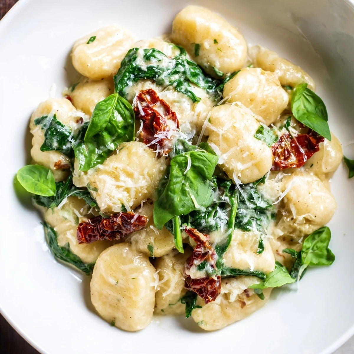Creamy Tuscan Gnocchi sizzling in a skillet, showcasing the rich cream sauce and fresh basil garnish.