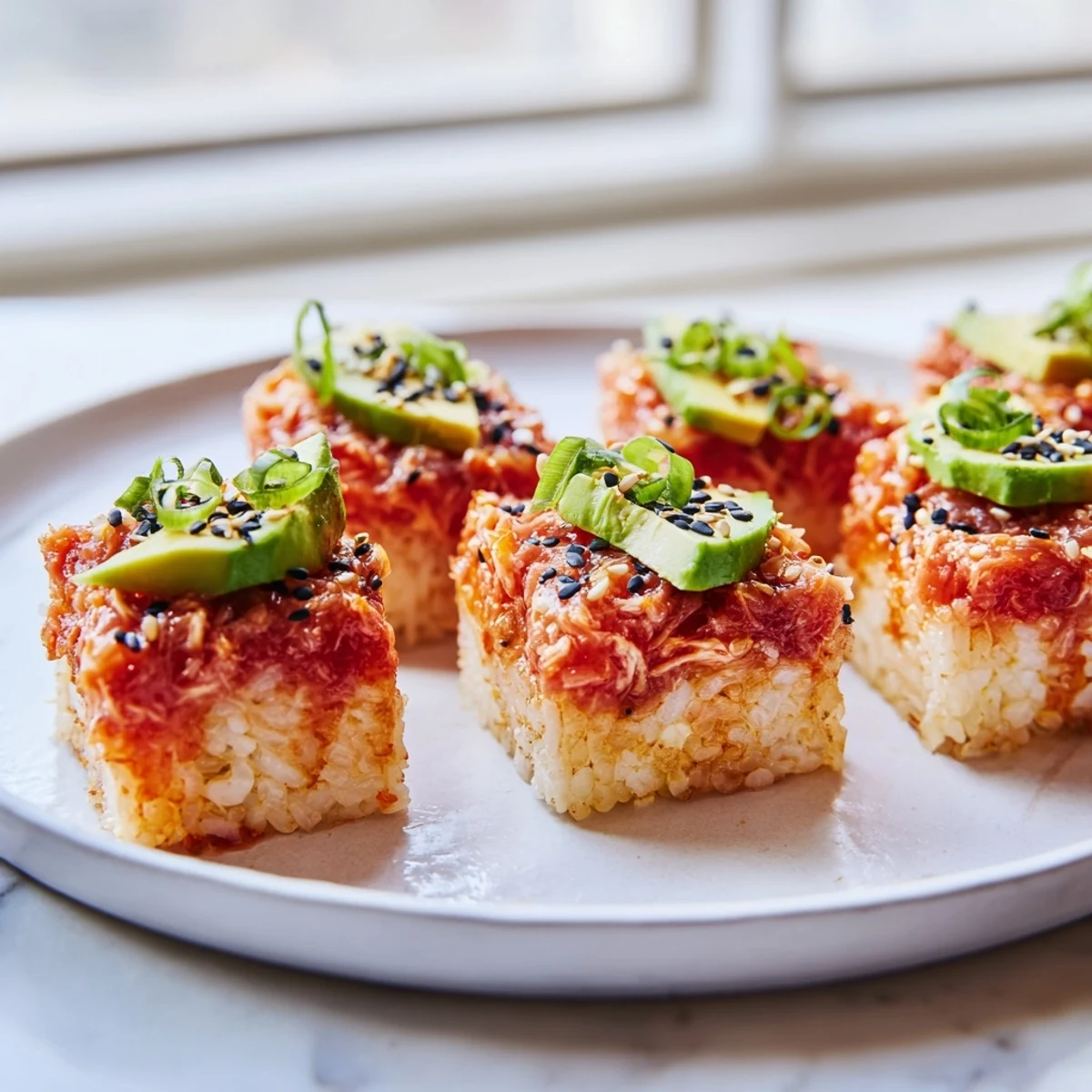 Crispy rice squares, loaded with Spicy Tuna, offer a delightful crunch against the spicy, flavorful tuna.