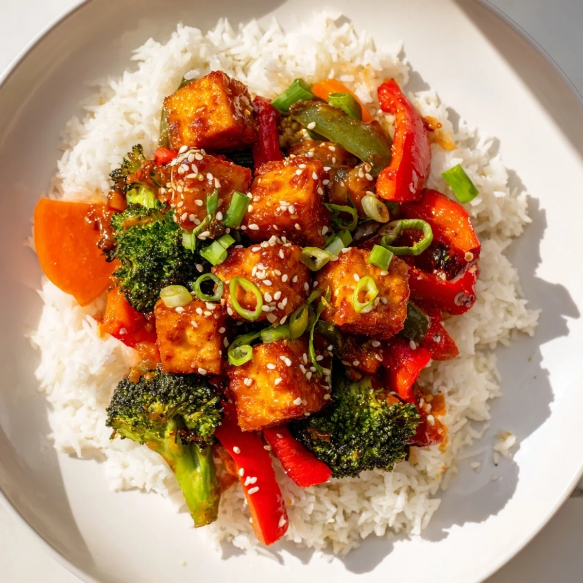 Golden, crispy Honey Garlic Tofu Bowls, with colorful veggies and glistening sauce over rice.