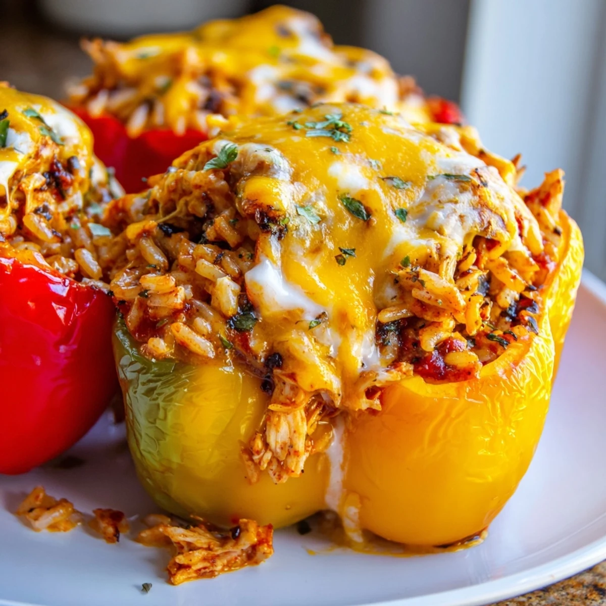 Golden, bubbly cheesy chicken stuffed peppers, a hearty American dinner served piping hot.