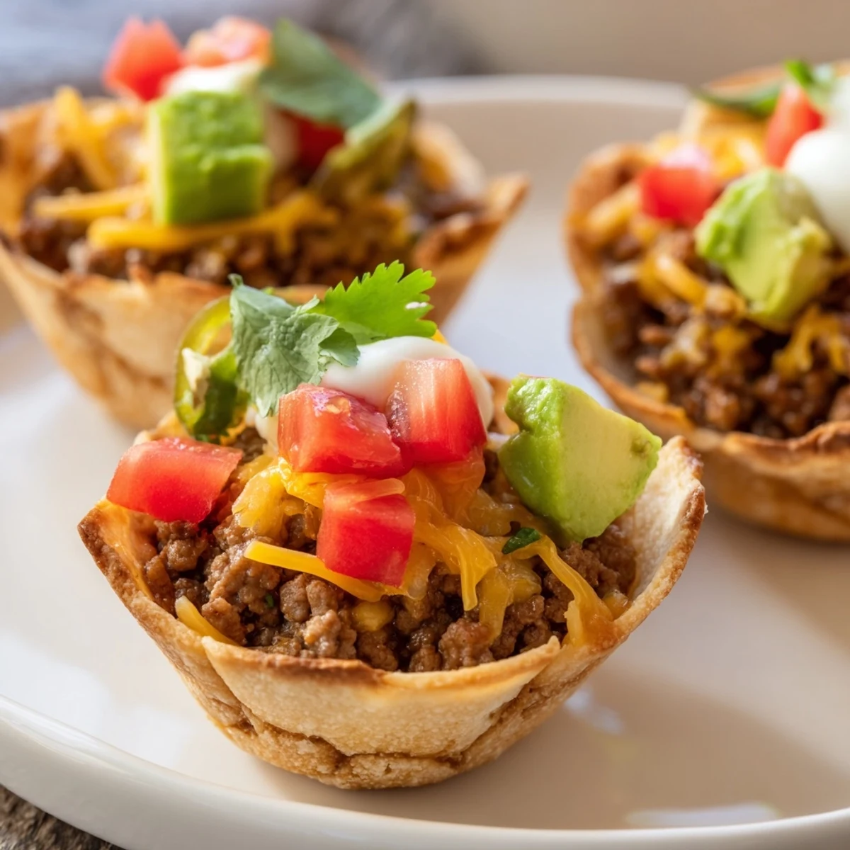 Mini Taco Cups overflowing with seasoned beef, melted cheese, and fresh toppings, ready to eat!