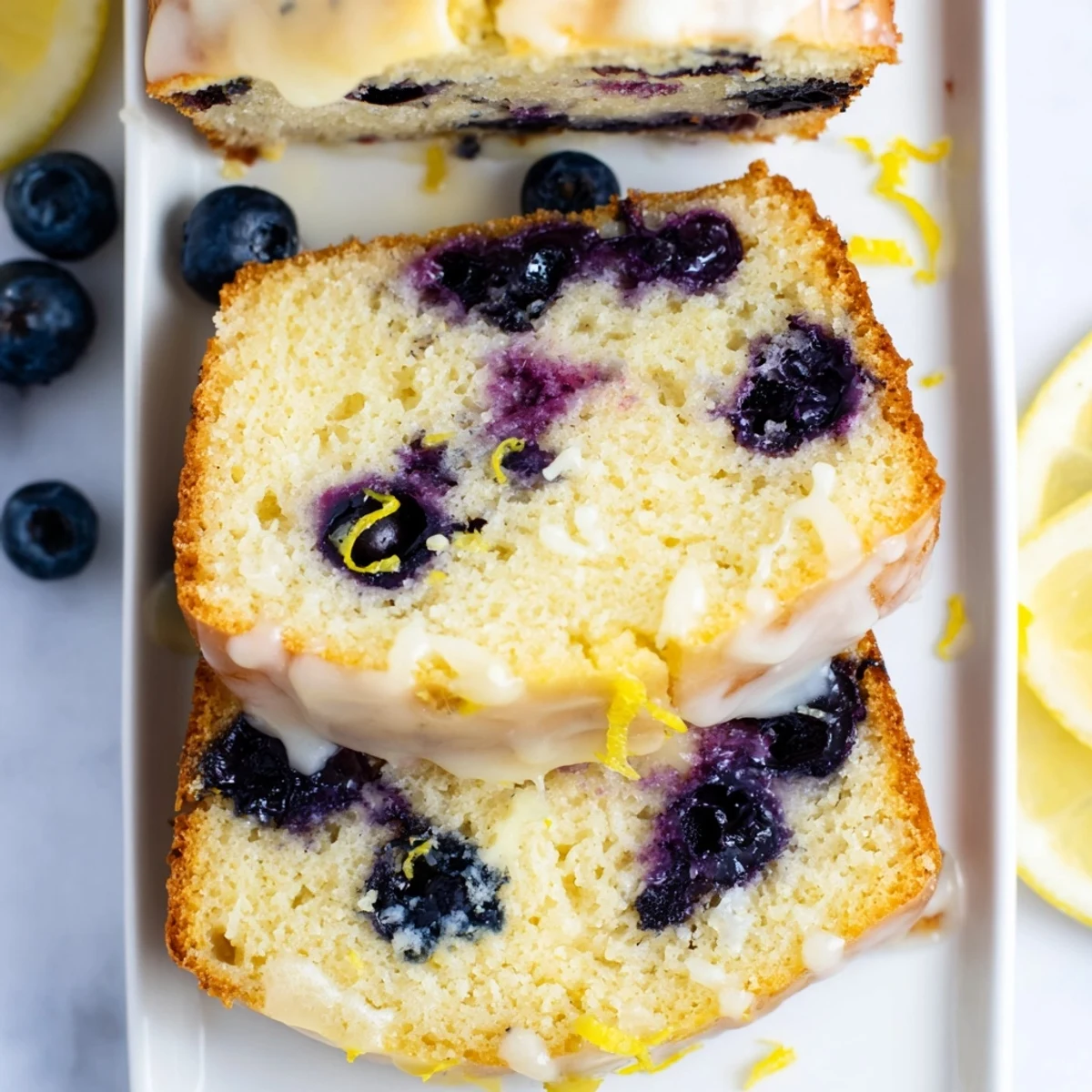 Close-up of a golden brown Lemon Blueberry Yogurt Loaf, inviting with fresh blueberry pockets.