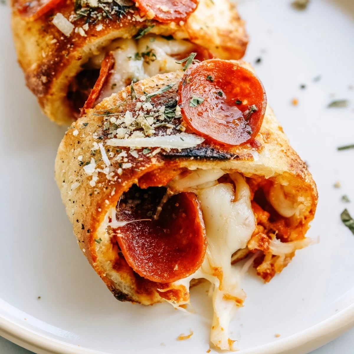 Golden-brown air fryer pizza rolls, oozing cheese, perfect for dipping in warm pizza sauce.