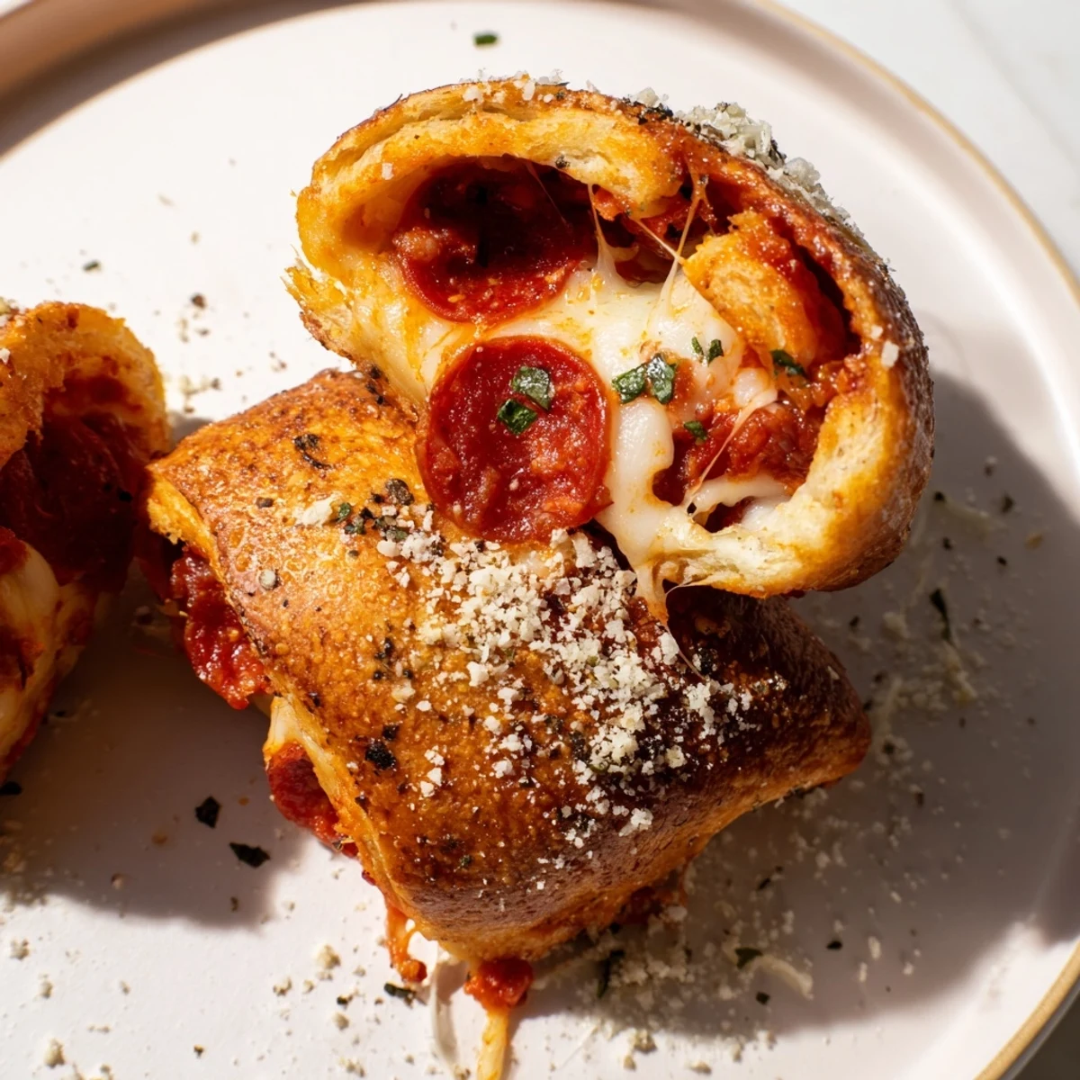 Bite-sized, crispy air fryer pizza rolls with a pepperoni filling, ready to serve for a snack.