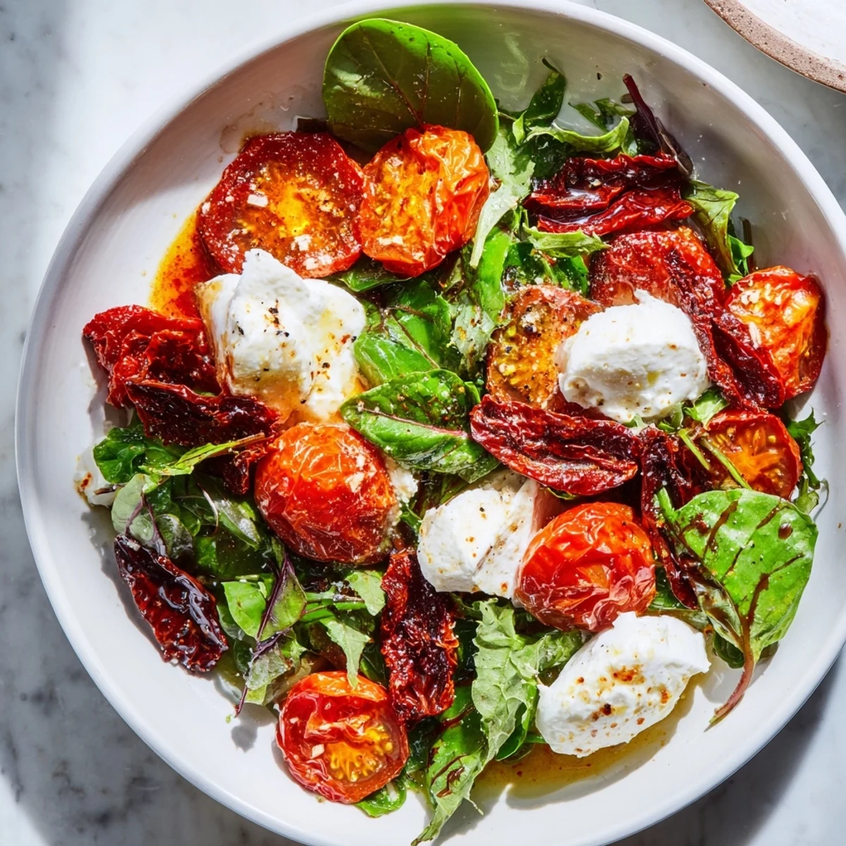 Creamy burrata and vibrant basil complement this flavorful and healthy Tomato Flight Salad.
