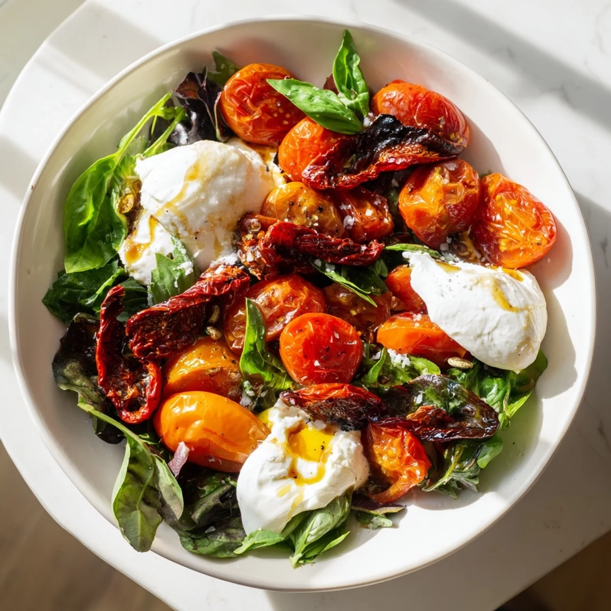 Fresh, roasted, and sun-dried tomatoes star in this visually appealing Tomato Flight Salad.