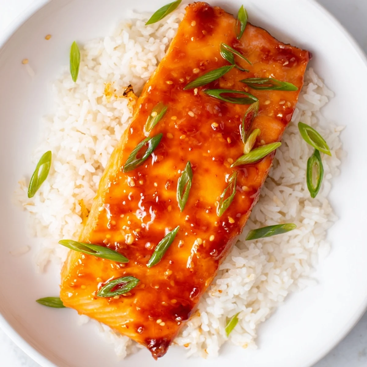 A close-up of glossy Sticky Orange Salmon, served over fluffy rice, ready to eat.