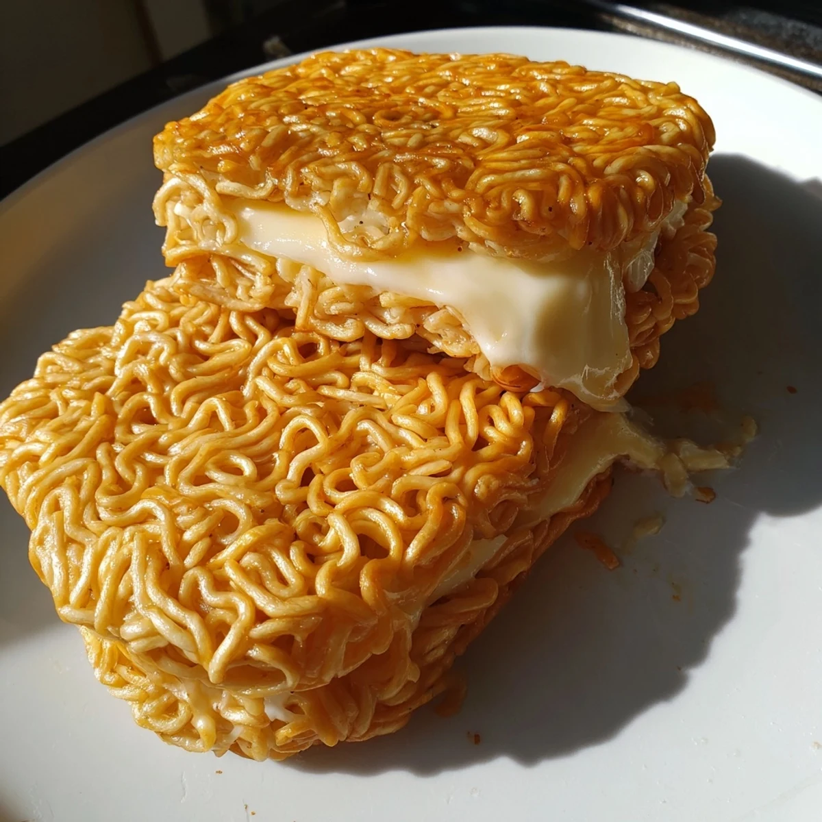 Crispy ramen noodle buns hug melted cheese in this gooey, delicious Ramen Grilled Cheese.