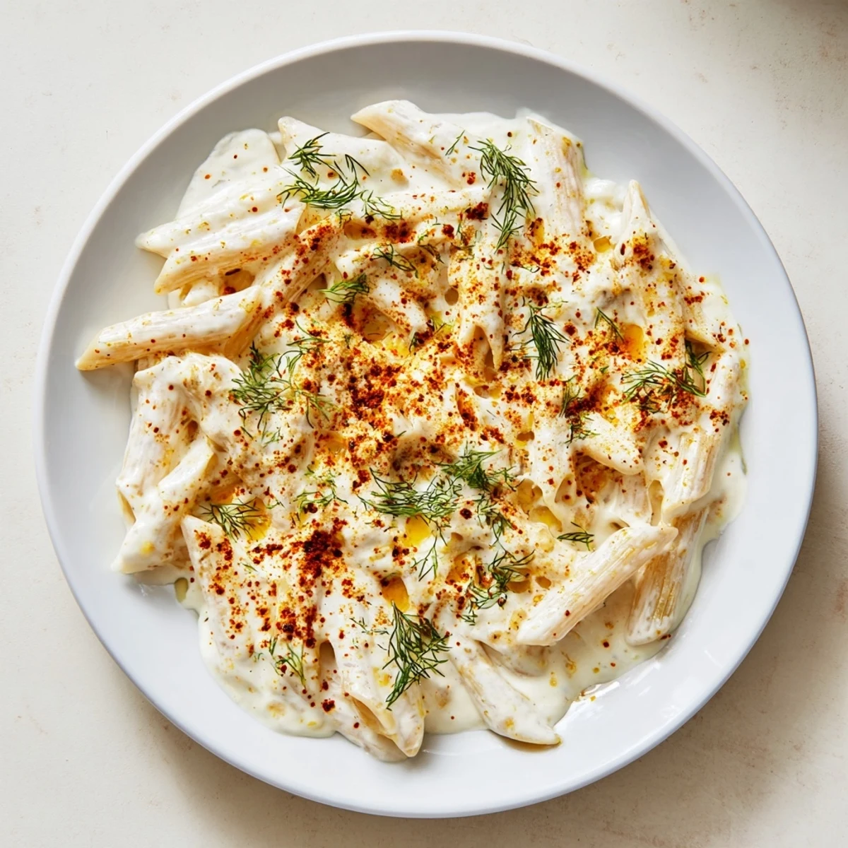Steaming bowl of Turkish Yogurt Pasta, swirled with creamy yogurt and topped with spiced, fragrant butter.