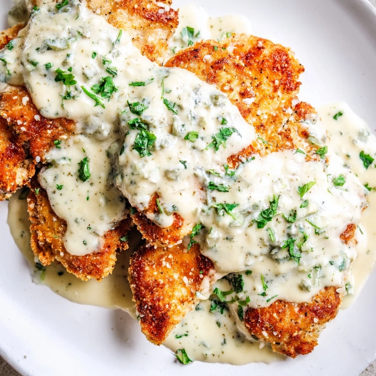 Golden-brown, crispy chicken with garlic cream sauce, a beautifully plated American comfort food recipe.