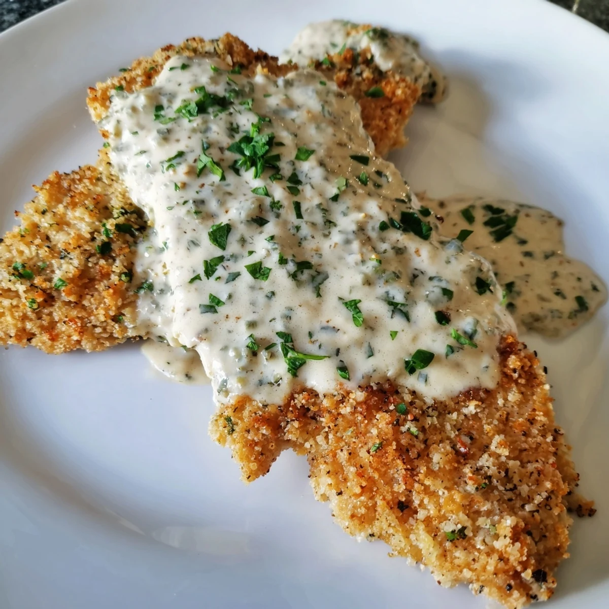 Savory crispy chicken with garlic cream sauce: tender chicken beneath a luscious, creamy, garlicky gravy.