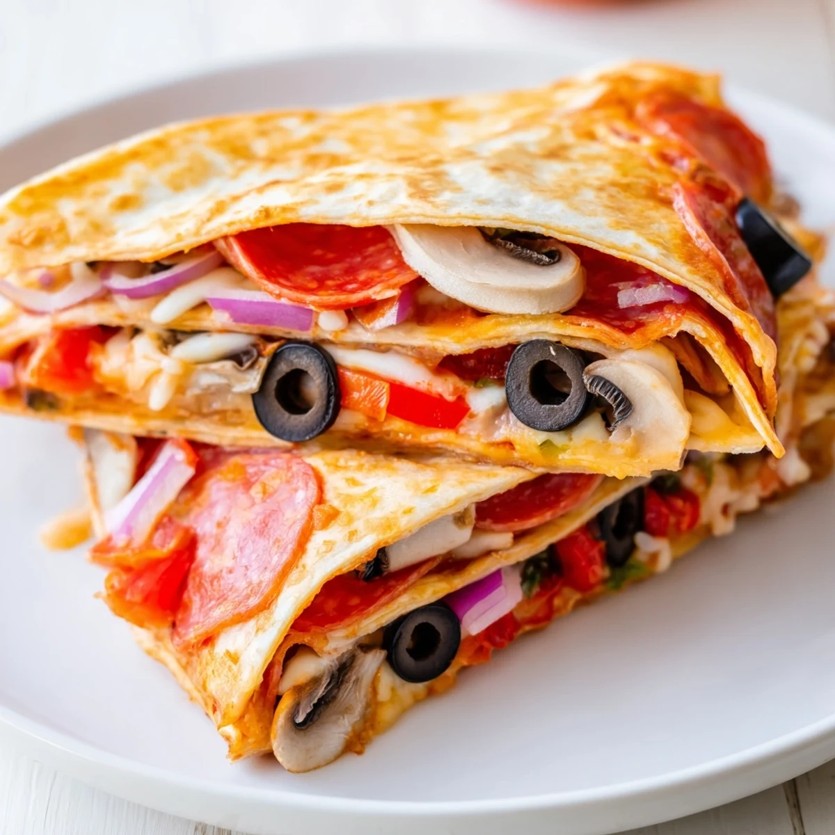 Golden-brown tortilla pizza wrap, filled with melted cheese and pepperoni, ready to eat.