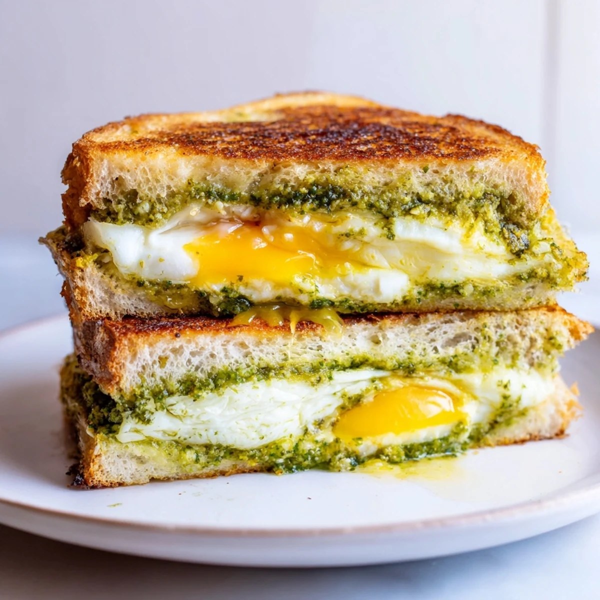 Golden, grilled Pesto Egg Grilled Cheese with ooey-gooey cheese oozing out, waiting to be devoured.