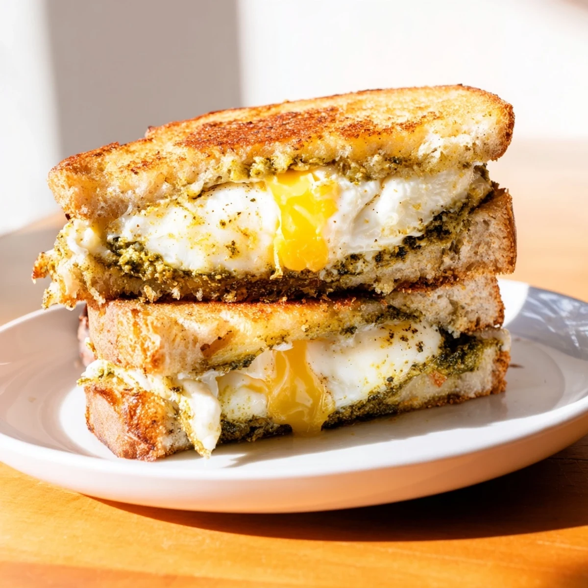 A close-up of a perfectly toasted Pesto Egg Grilled Cheese, showcasing a melty, cheesy center.