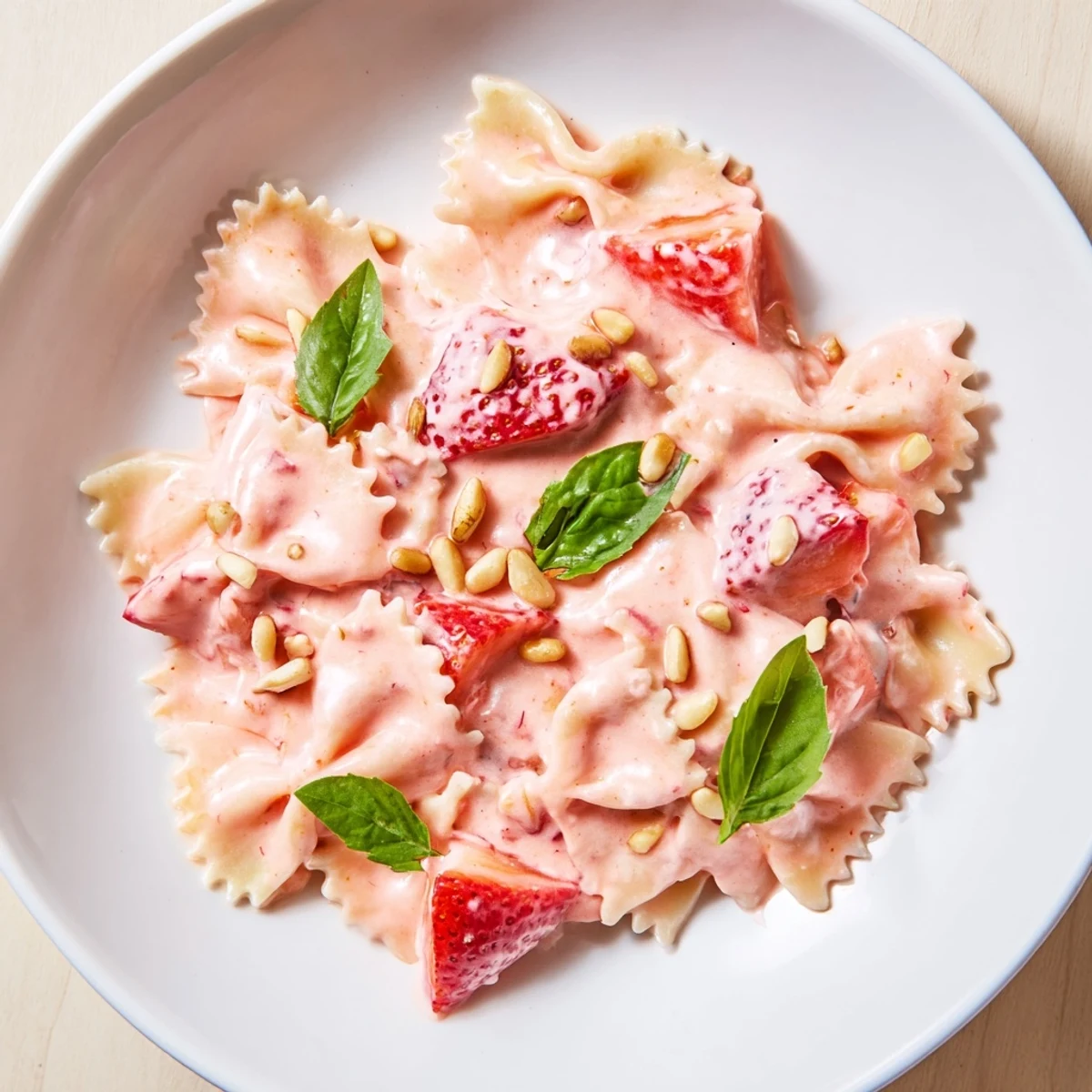 A vibrant view: Strawberry Sour Cream Pasta features pink sauce coating perfect al dente pasta.
