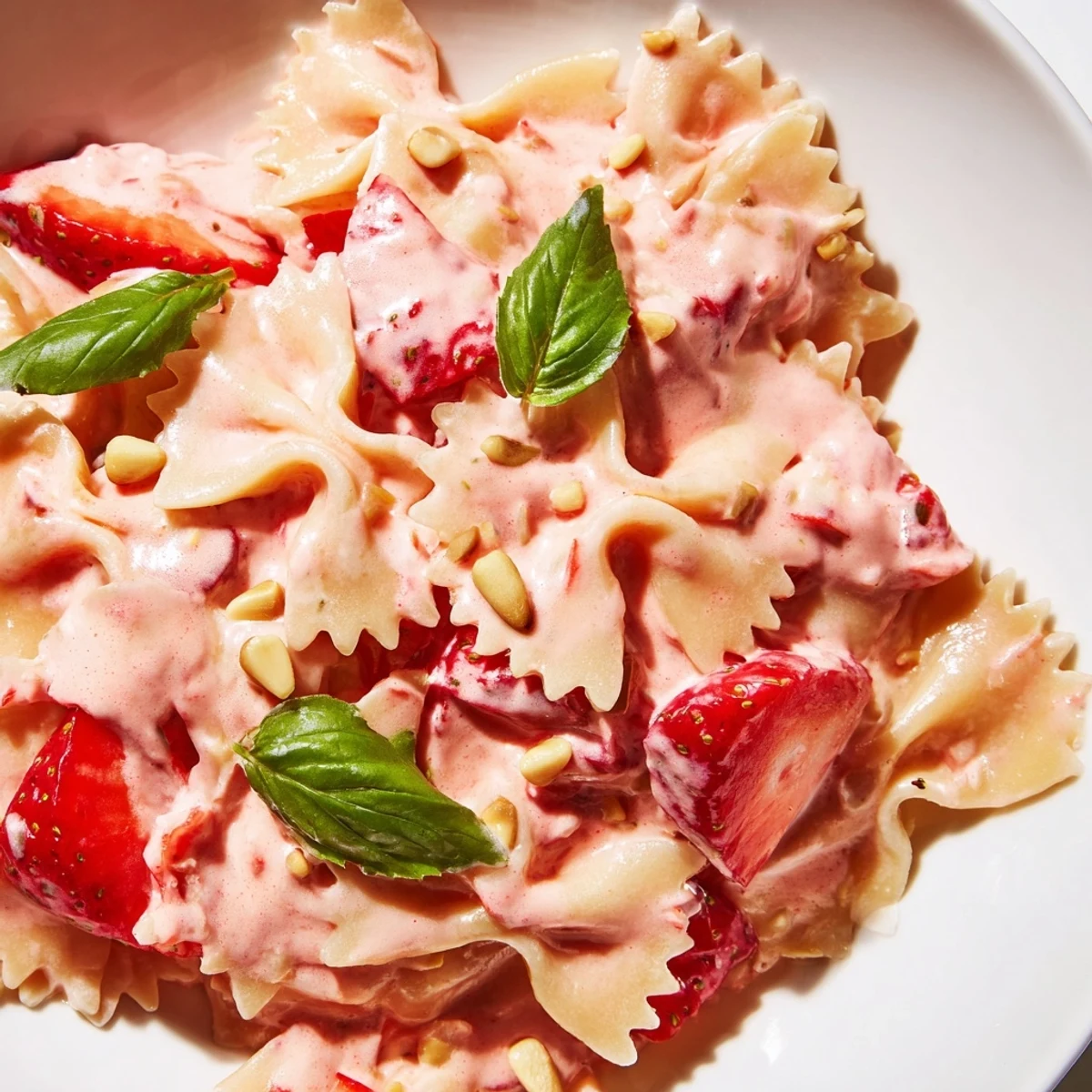 Creamy, comforting bowl of Strawberry Sour Cream Pasta, garnished with fresh basil and strawberries.