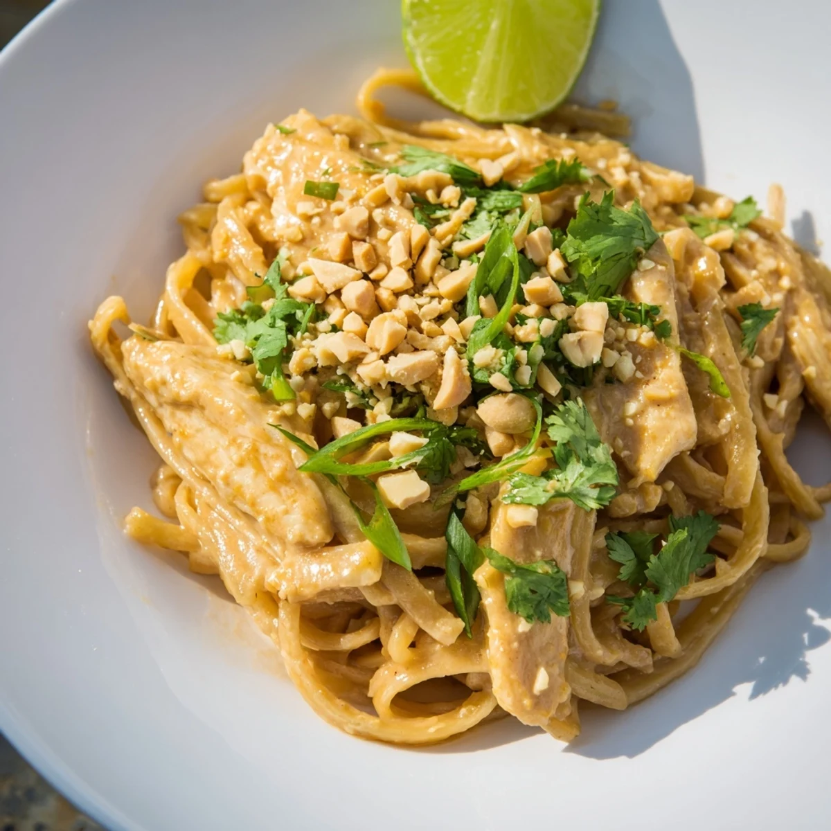 Steaming Thai Peanut Chicken Pasta, rich with peanuts, lime, and fresh herbs, ready to serve.