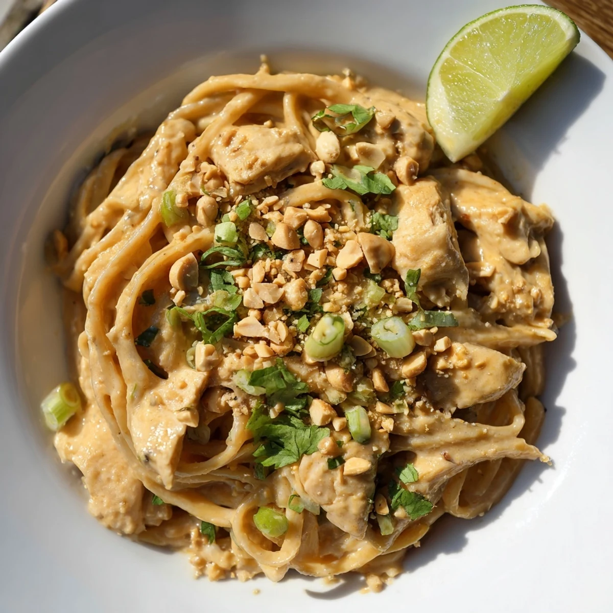 Beautifully plated Thai Peanut Chicken Pasta with chopped peanuts and green onions; a delightful meal.