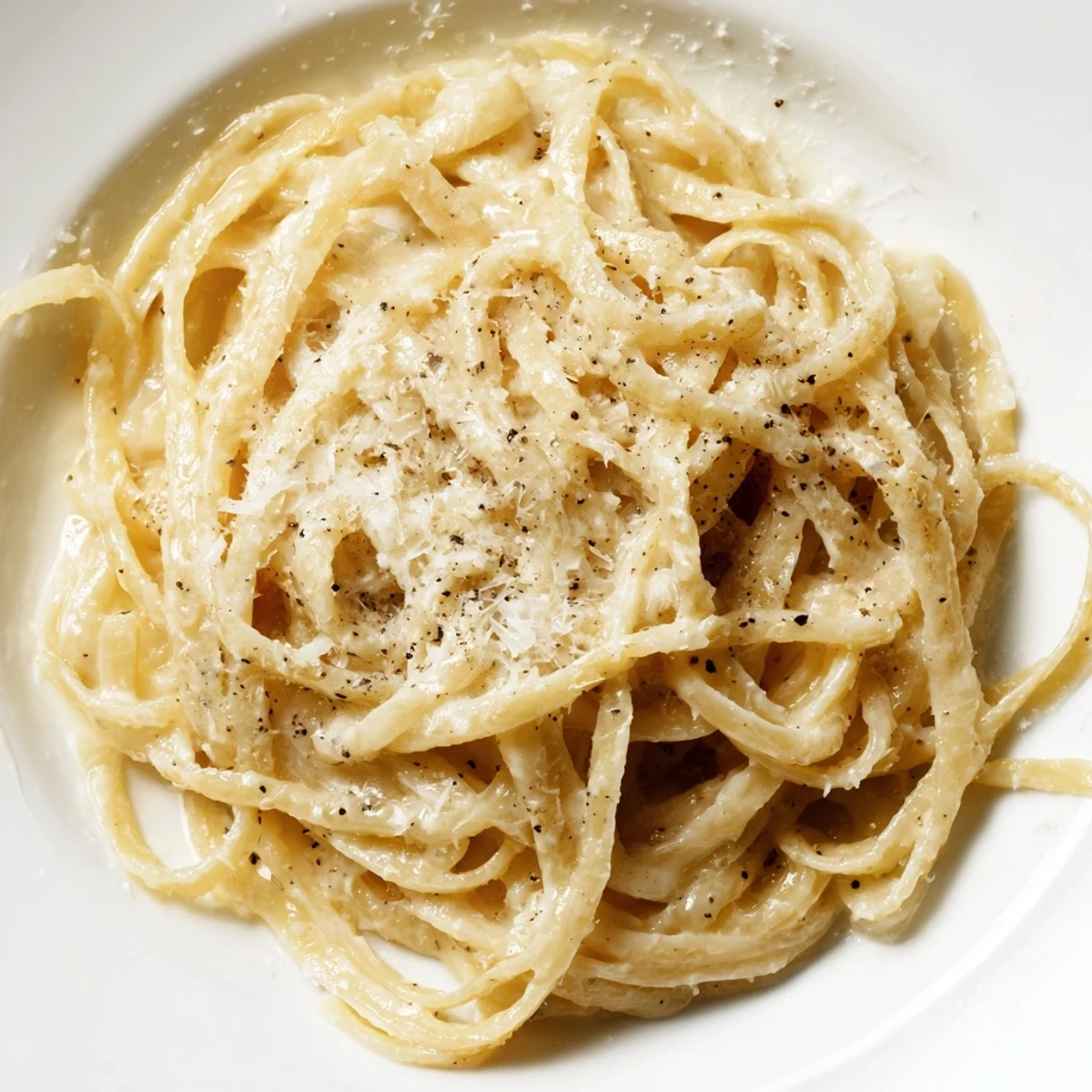 Steaming bowl of Lazy Girl Three-Ingredient Pasta, coated in creamy Parmesan and butter sauce.