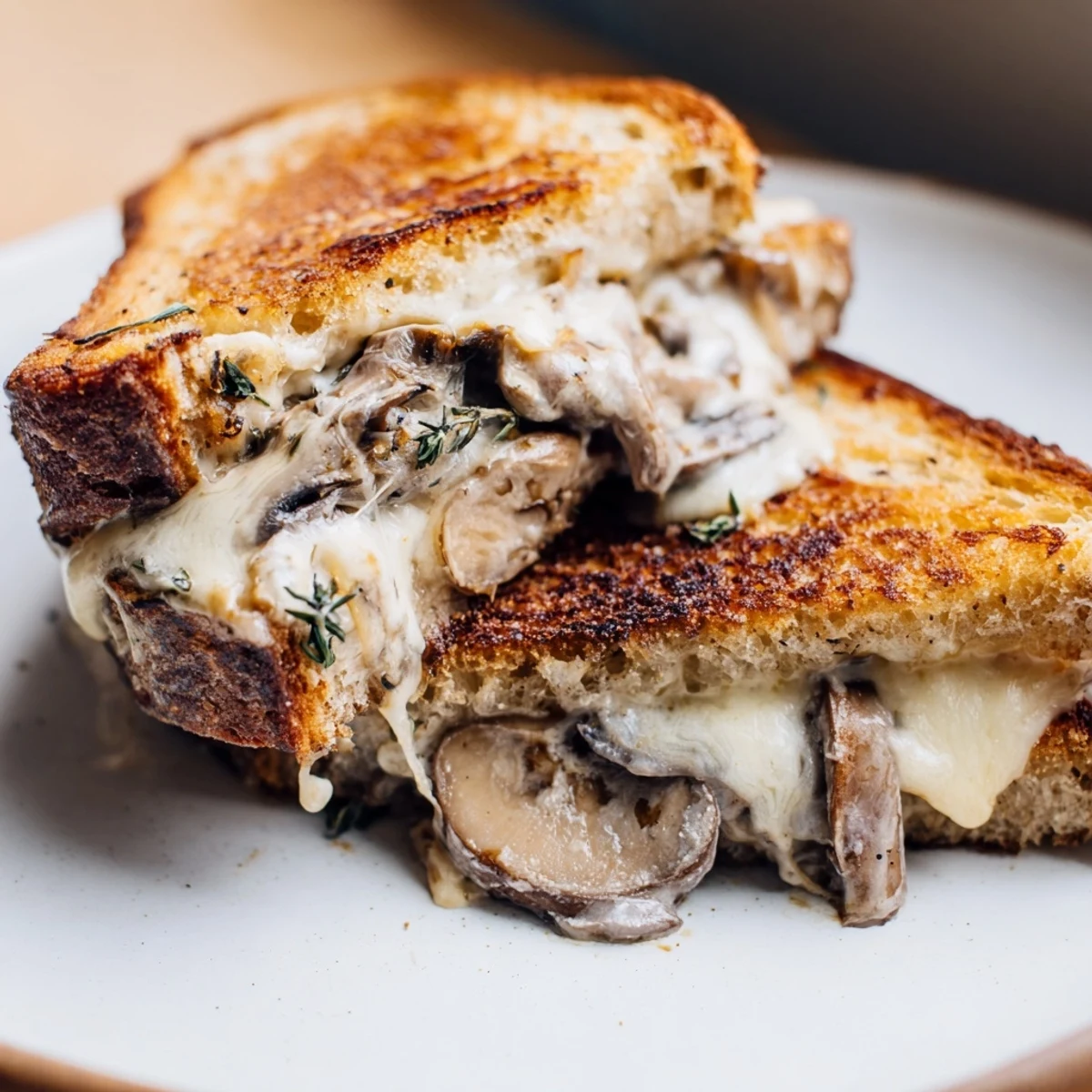 This creamy mushroom grilled cheese showcases a perfectly browned bread exterior with a gooey, cheesy interior.