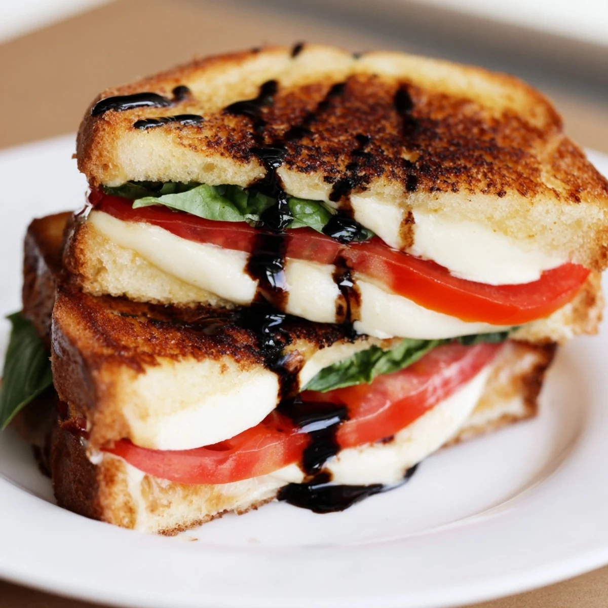 Enjoy a warm Caprese Salad Grilled Cheese, melting cheese with fresh basil and balsamic flavor bursts.