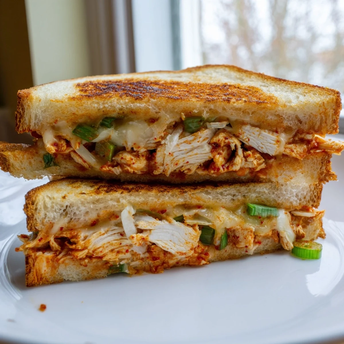 Gooey melted cheese oozes from the sides of this gochujang mayo chicken sandwich grilled cheese.