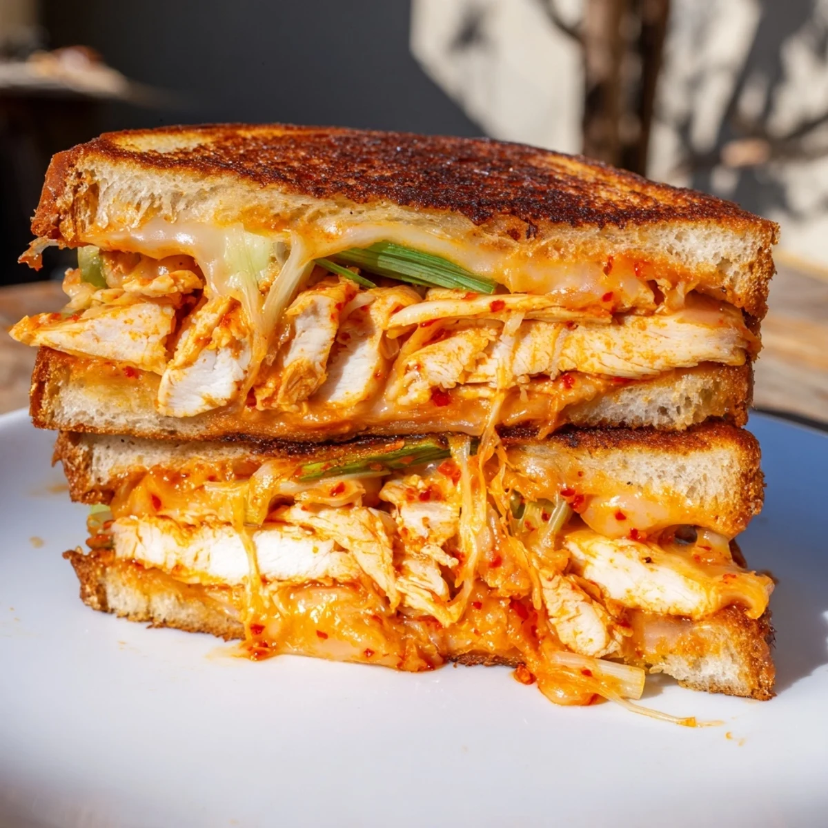 Crispy sourdough encases a vibrant gochujang mayo chicken sandwich grilled cheese, perfect for lunch.