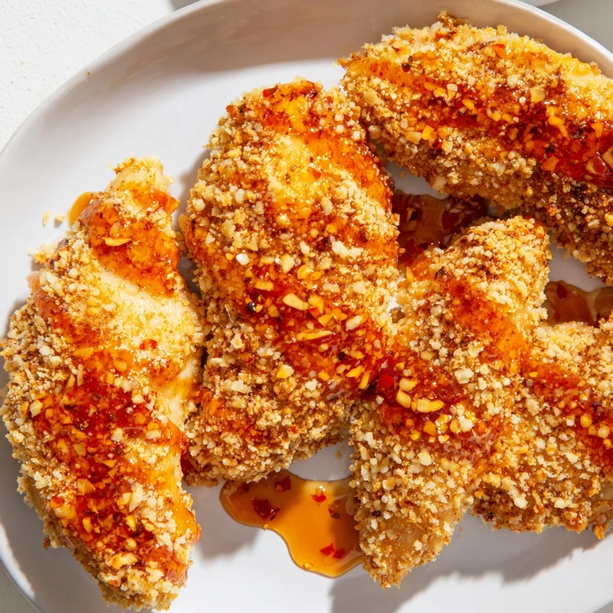 Golden, crispy panko chicken tenders drizzled with sweet and spicy hot honey, a delicious main course.