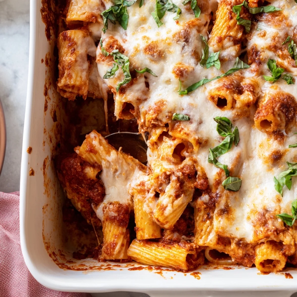 A close-up of a steaming bowl of Four Cheese Baked Pasta with melted cheese and rich sauce.