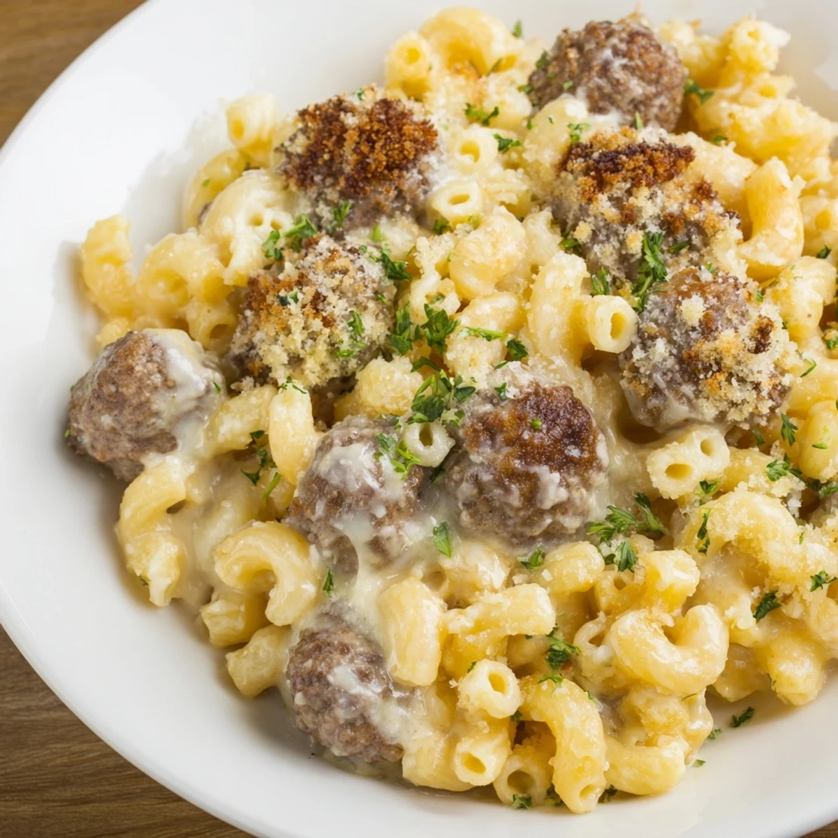 Golden-topped Mac & Cheese Meatball Bake, a bubbling, cheesy casserole with savory meatballs in every bite.