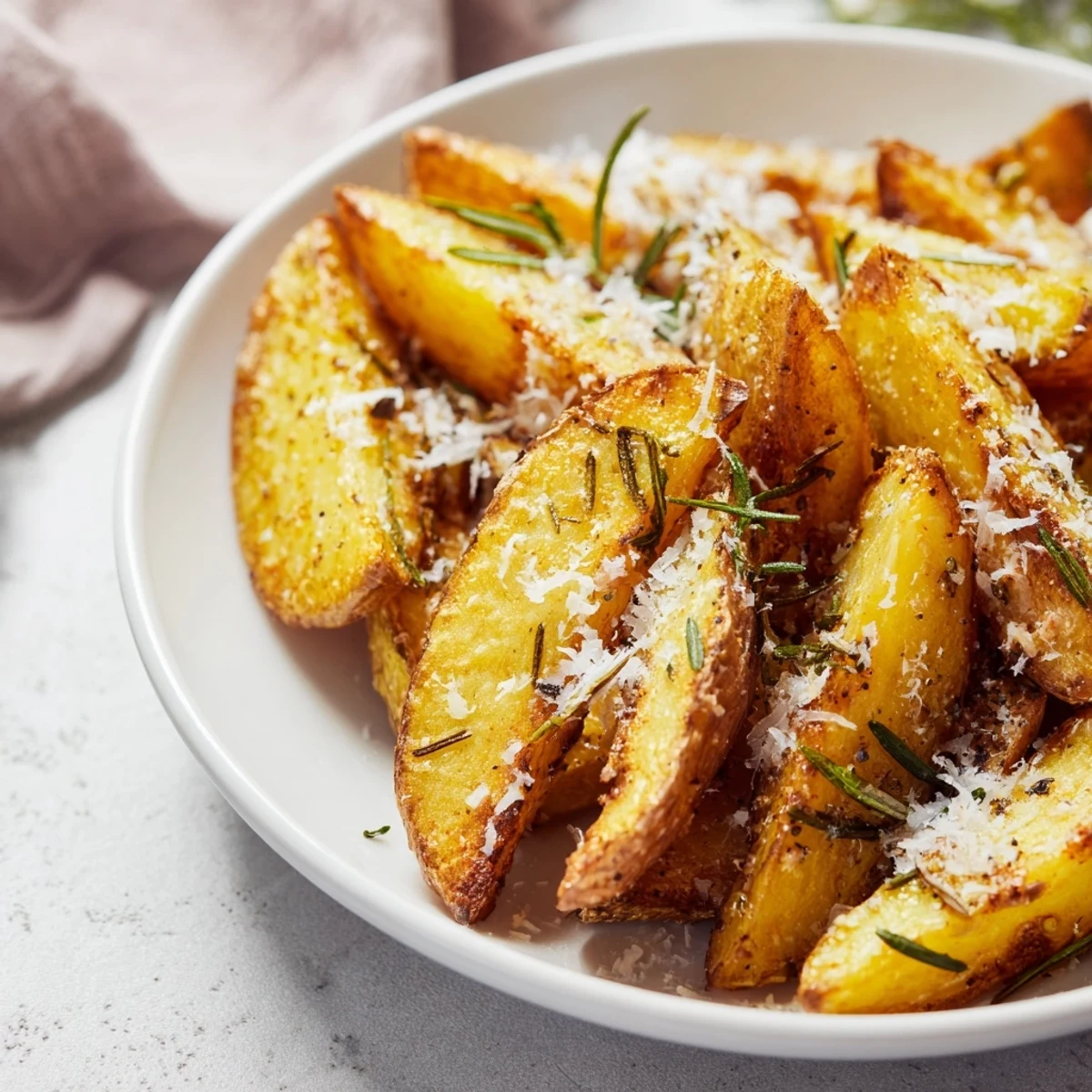 Golden, crispy Rosemary Parmesan Potato Wedges, ready to serve warm with a sprinkle of fresh parsley.