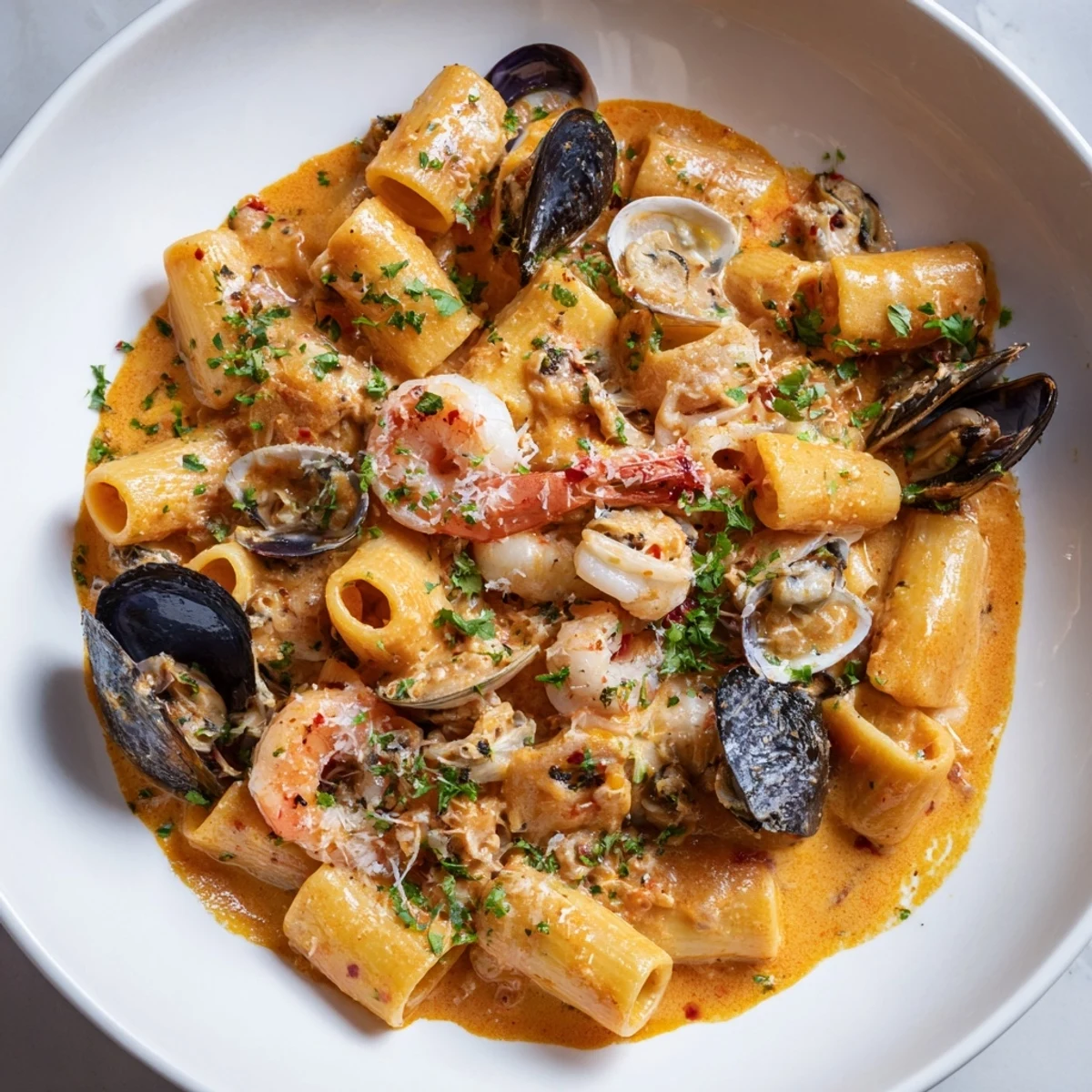 Golden, bubbly Seafood Pasta Bake with tender seafood and melted cheese, ready to serve.
