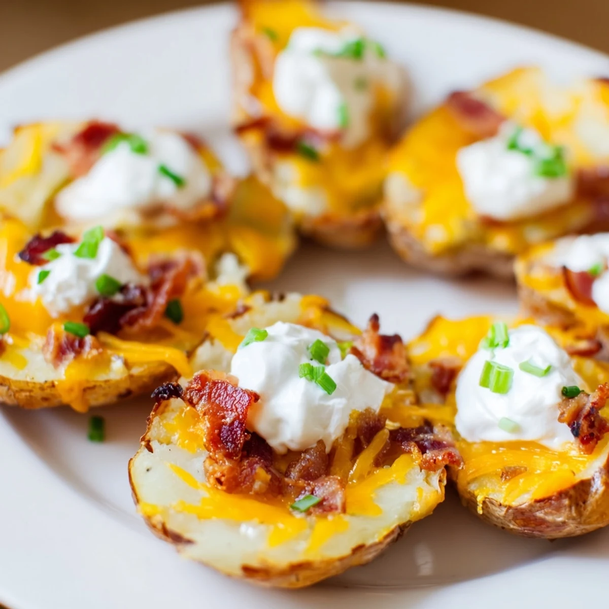 Golden, bubbly Loaded Baked Potato Skins, piled high with cheese and crispy bacon, waiting to be enjoyed.