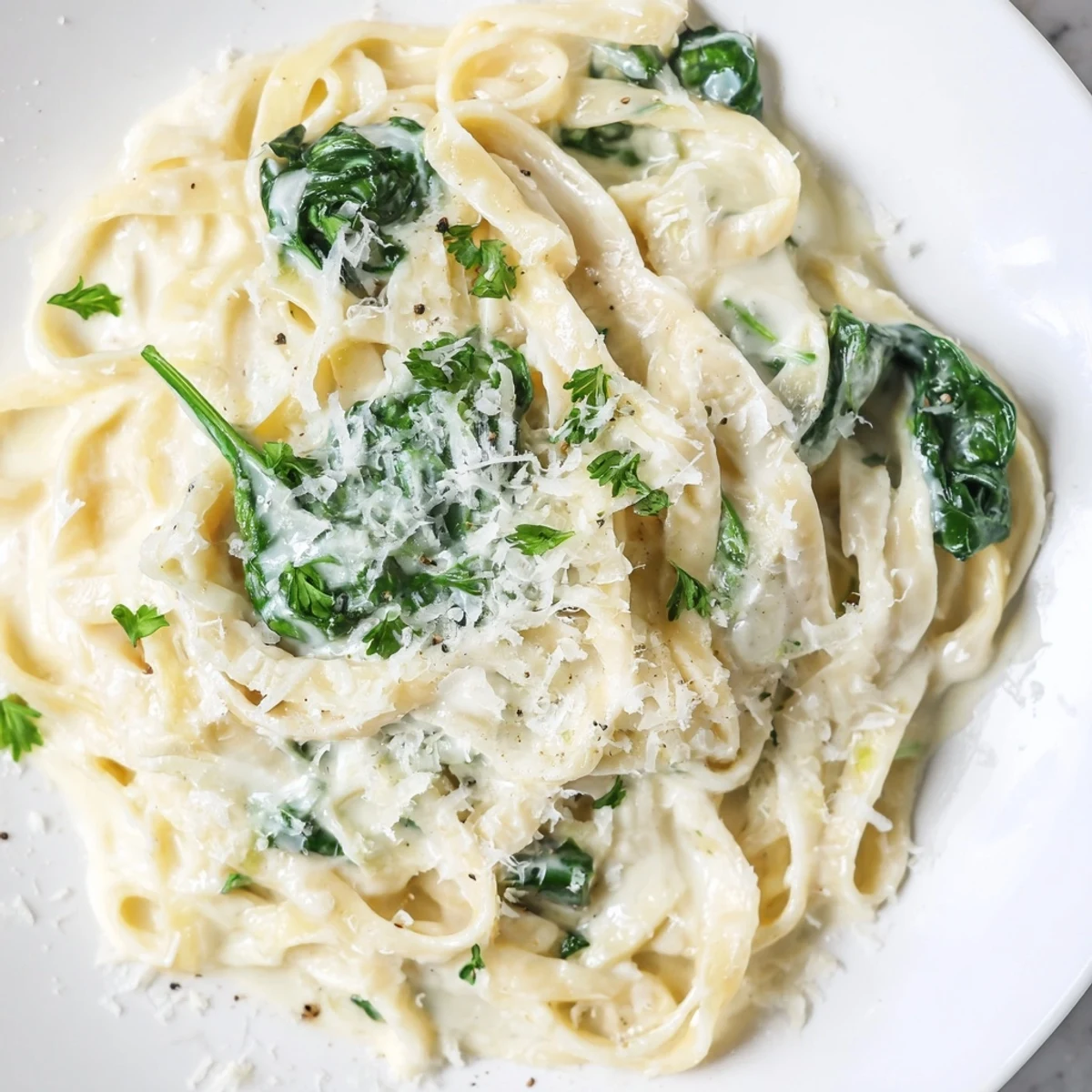 Creamy Spinach Fettuccine Alfredo: A close-up of pasta coated in rich sauce, inviting a delightful bite.