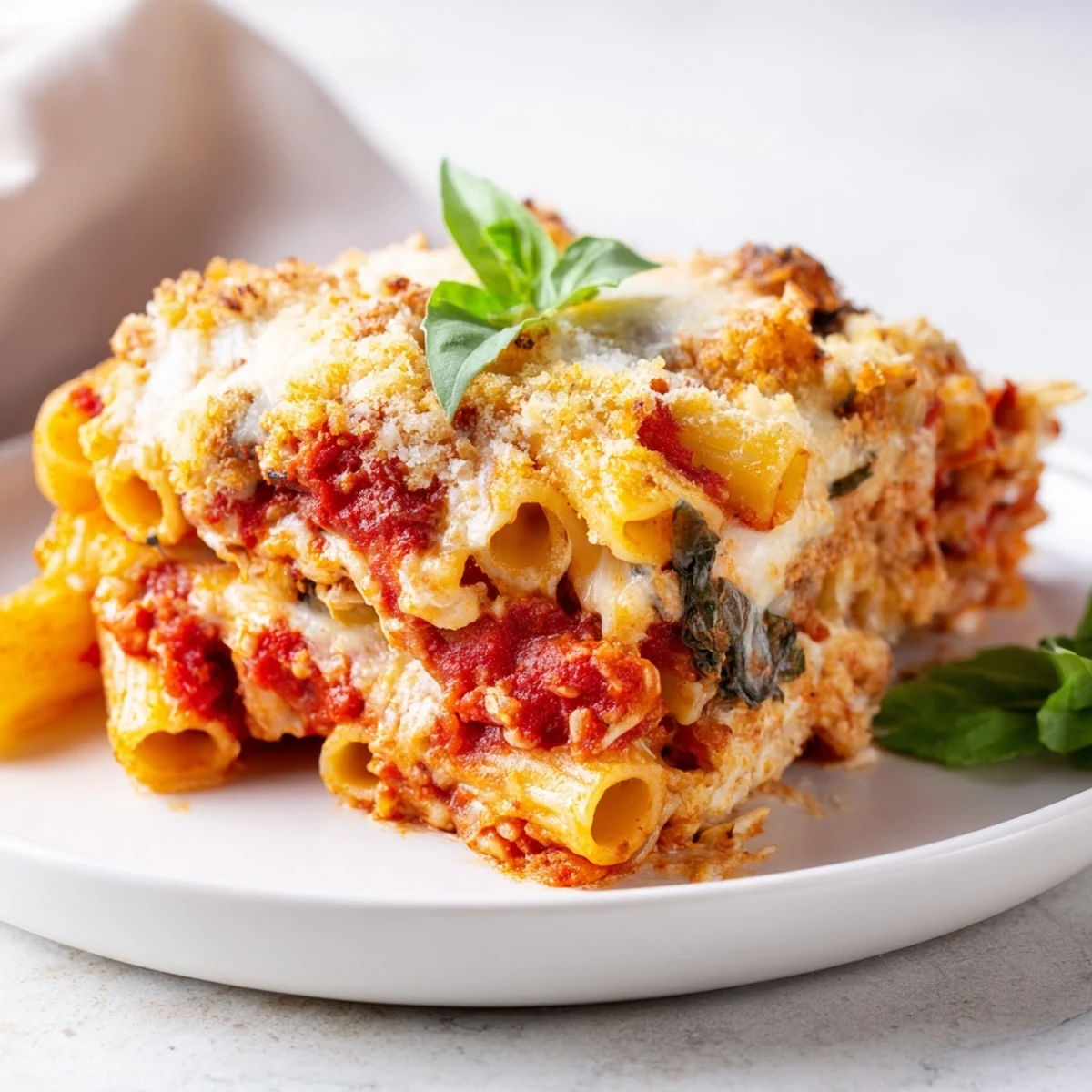 A bubbly, cheesy baked ziti fresh from the oven, with a golden brown crust and melted cheese.
