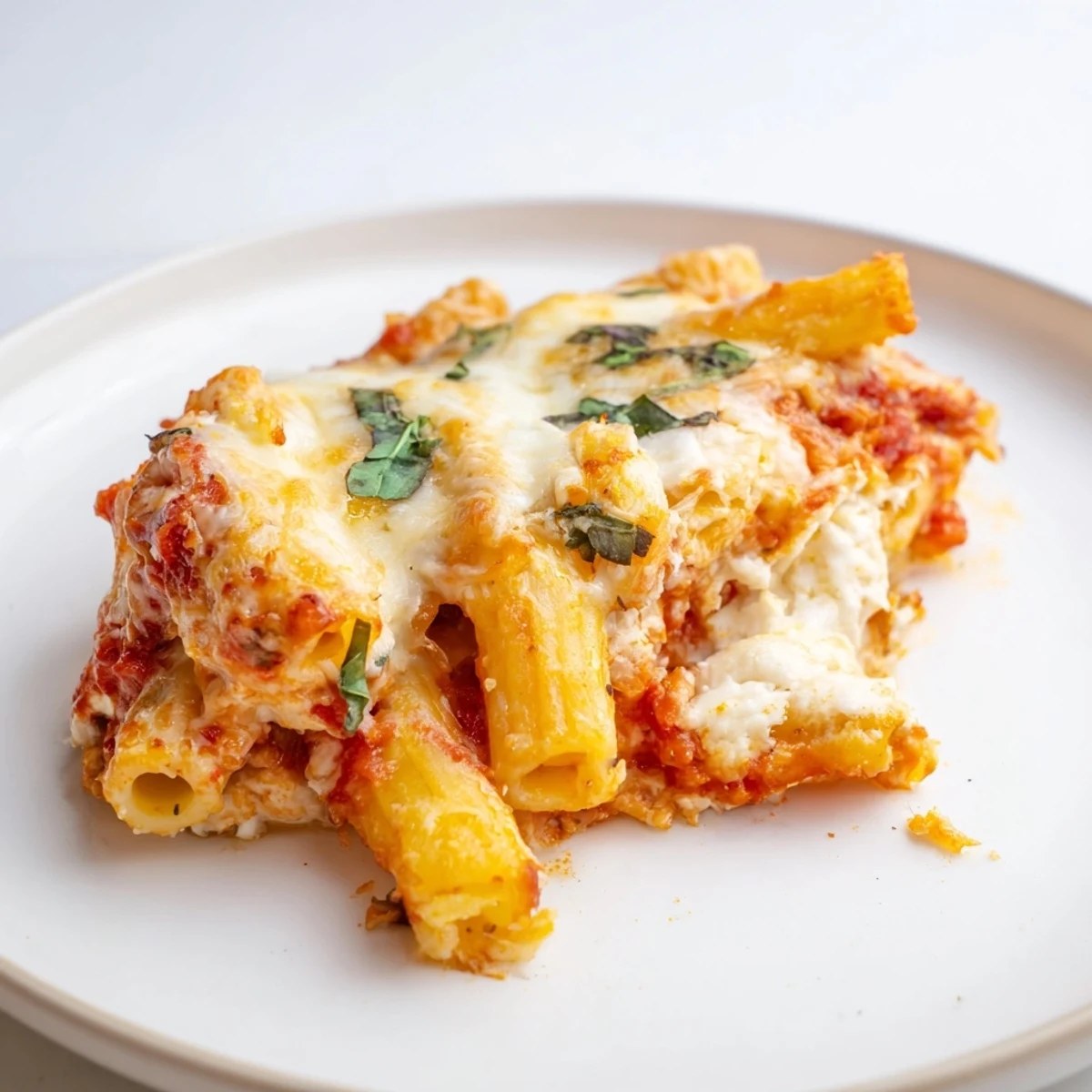 Delicious cheesy baked ziti, ready to serve, with perfect layers of pasta and creamy cheese filling.