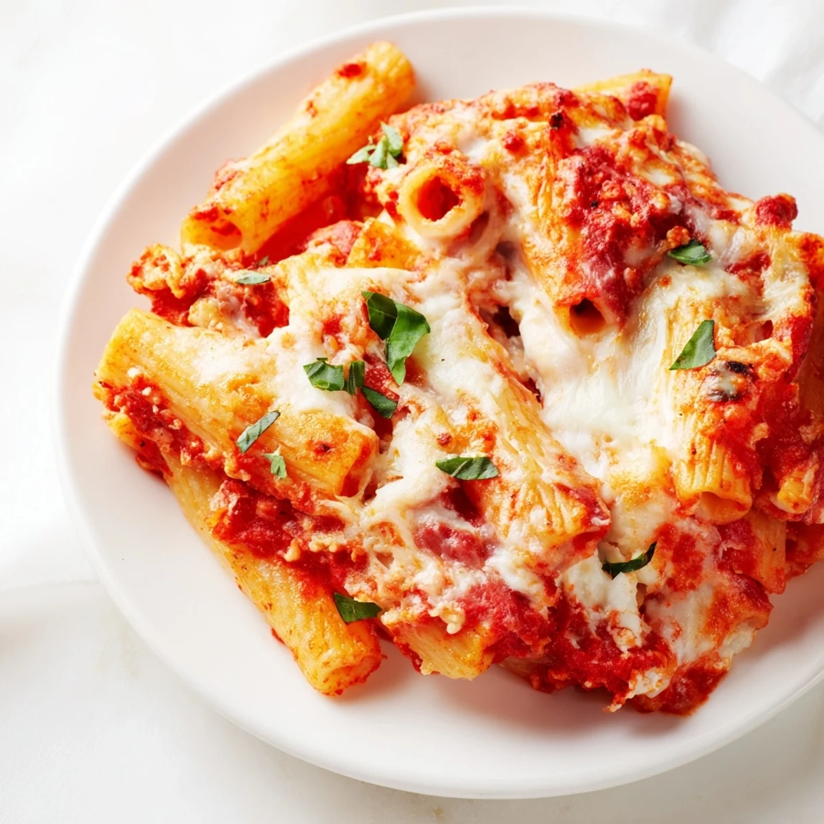 Warm, aromatic cheesy baked ziti, a close-up showcasing melted mozzarella and rich marinara sauce.