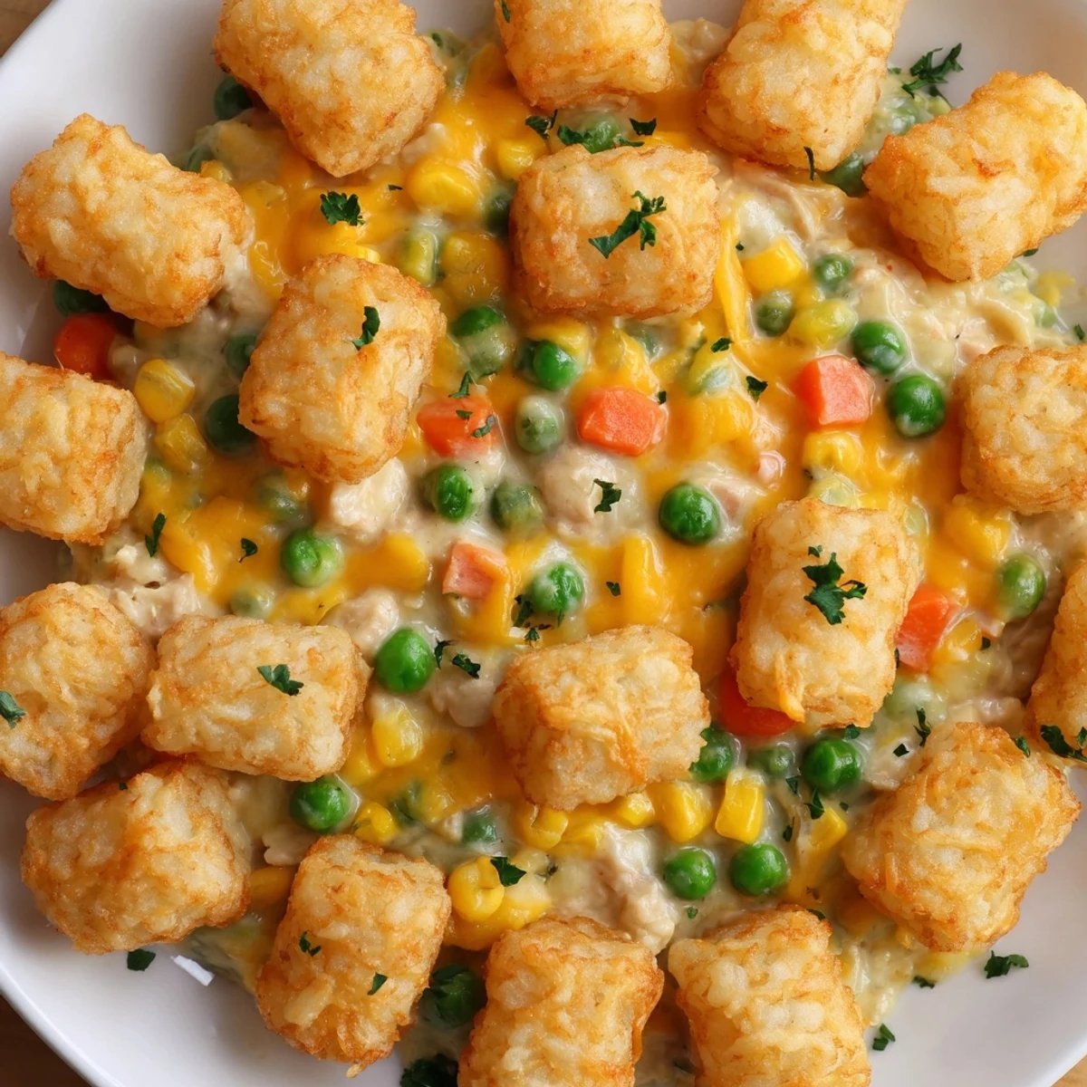 Golden, crispy tater tots crown a creamy chicken filling in this hearty Tater Tot Casserole.