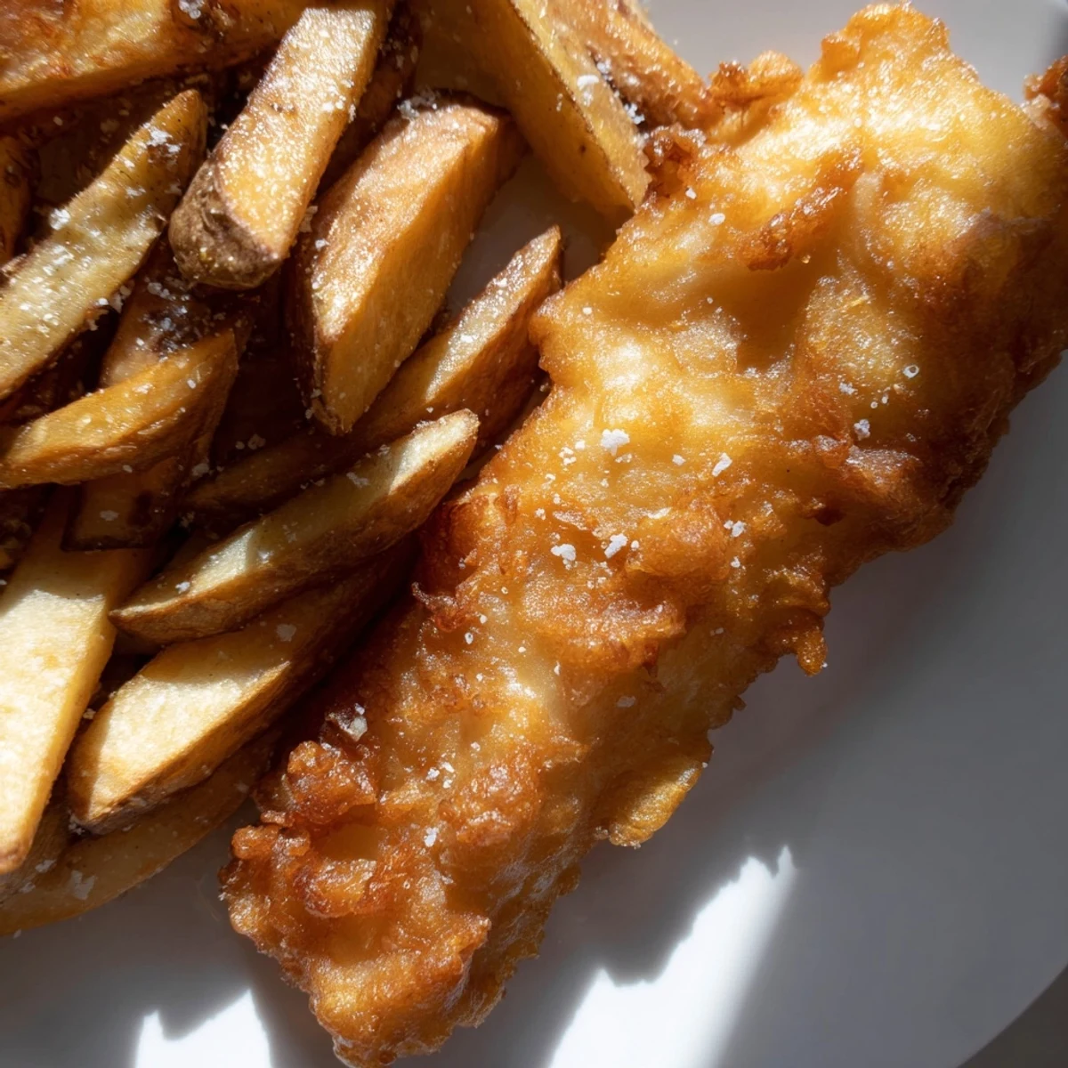 Golden British fish and chips, with a flaky, white fish fillet nestled beside crispy fries.