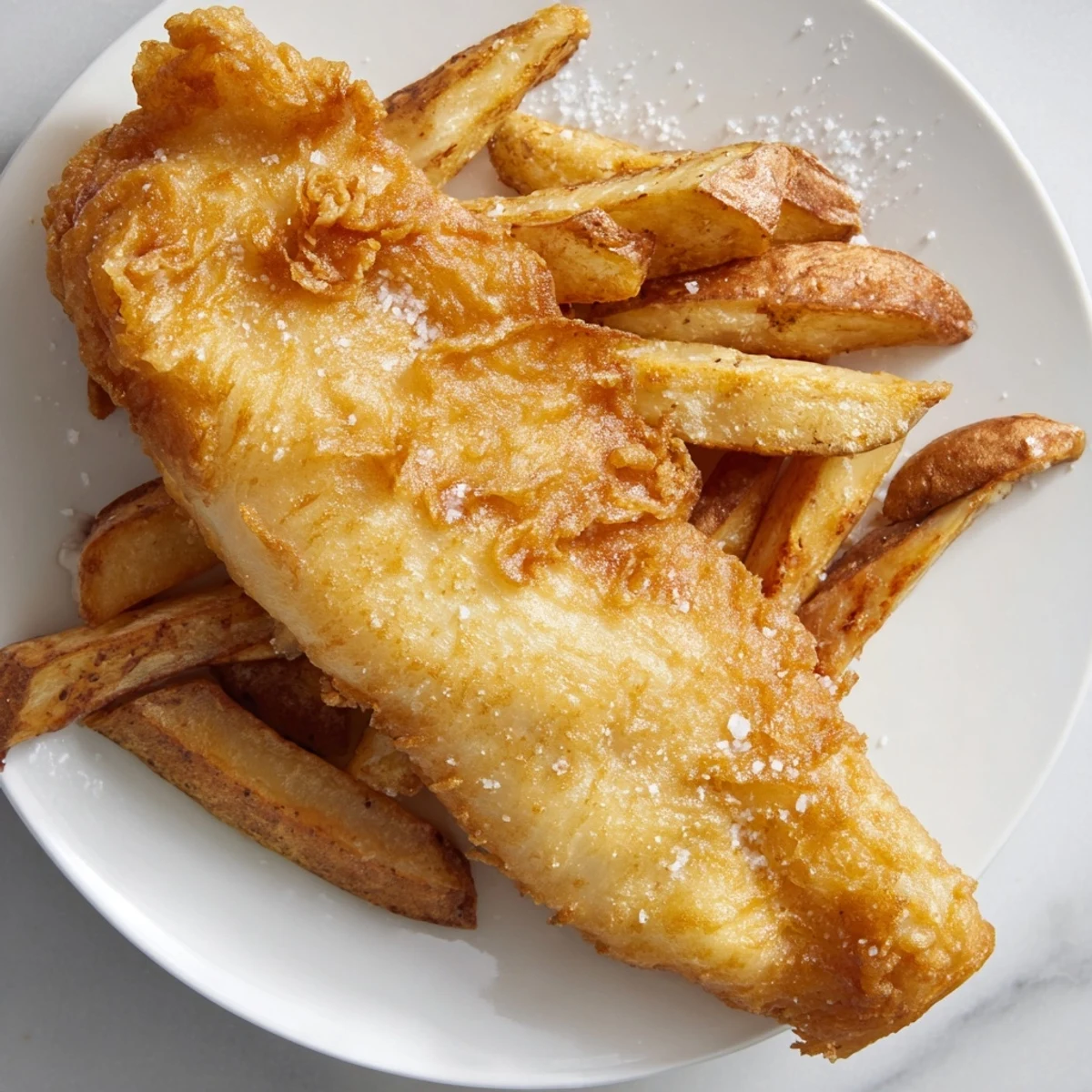 Picture the irresistible crunch of freshly fried British fish and chips, ready to be enjoyed.