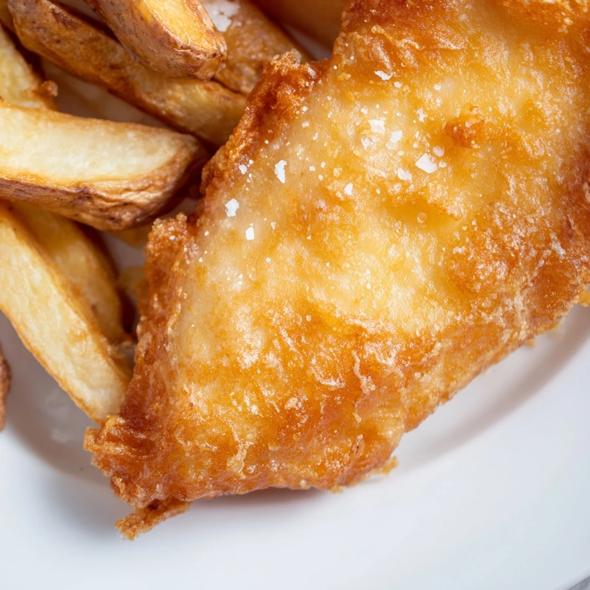 Close-up of that classic British fish & chips: crispy, golden batter, thick-cut fries, perfect for sharing.