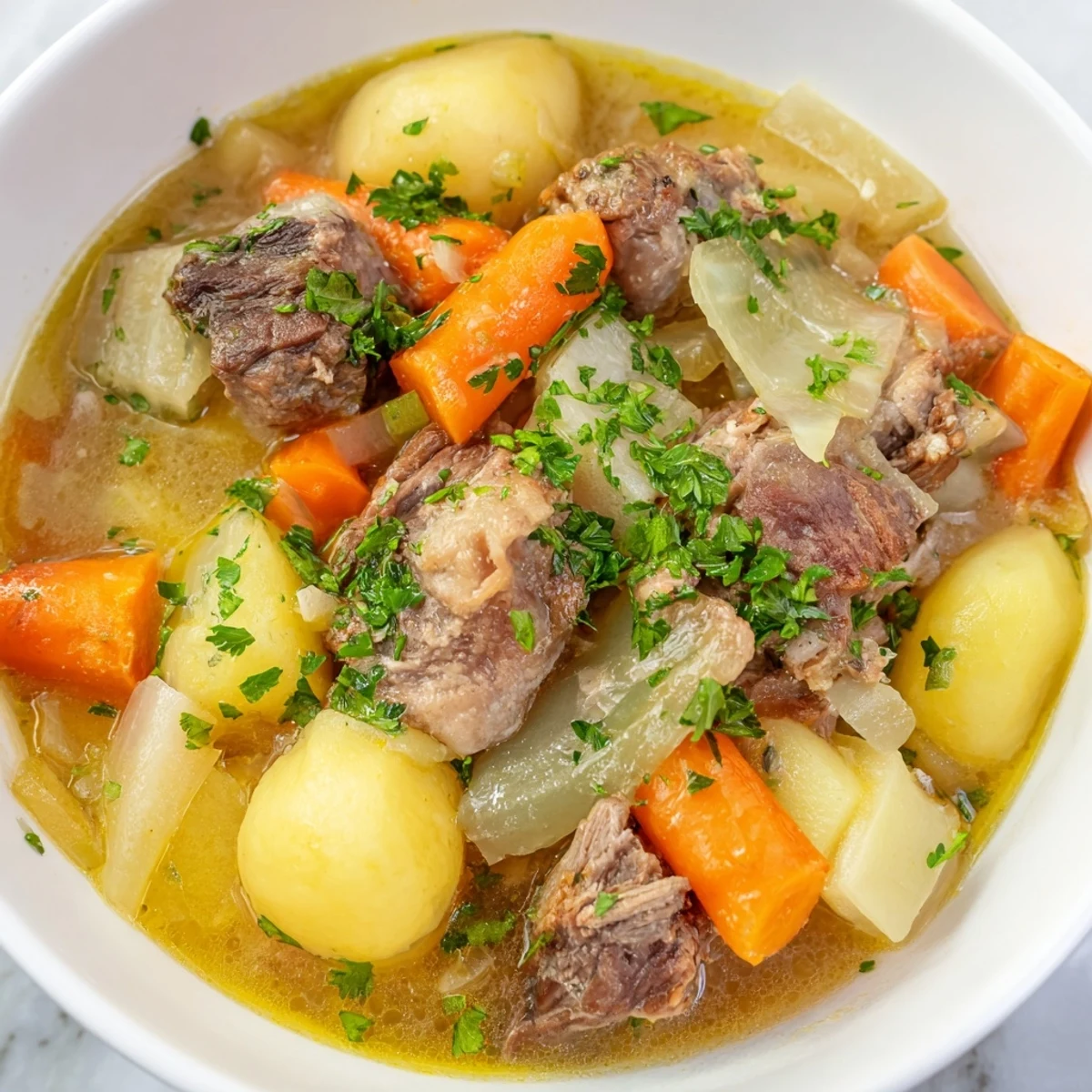 Simmering Welsh Cawl, a robust lamb stew, showcases carrots and potatoes in a savory broth.