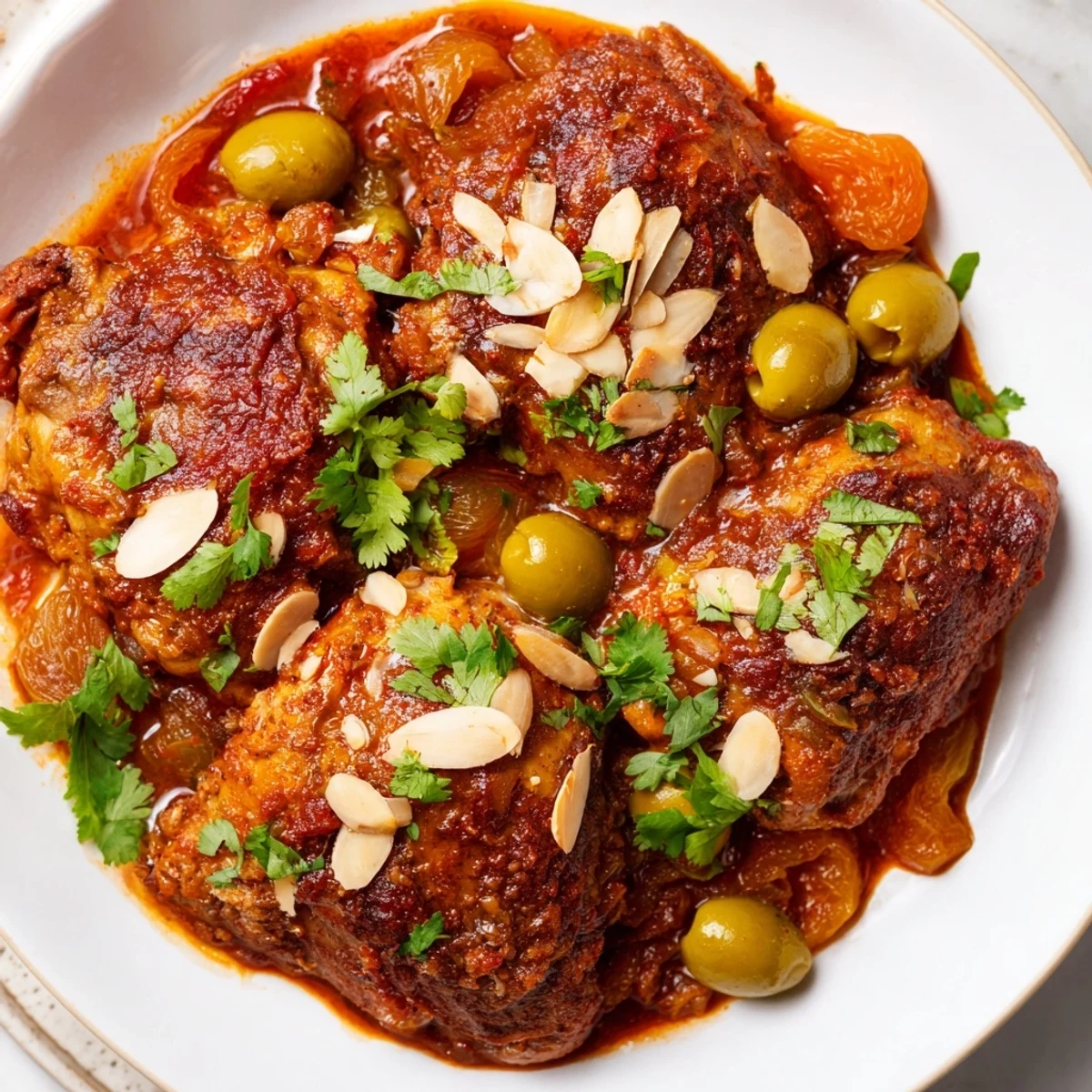 Golden-brown Moroccan Tagine Chicken with apricots and olives, offering sweet and savory aromas.